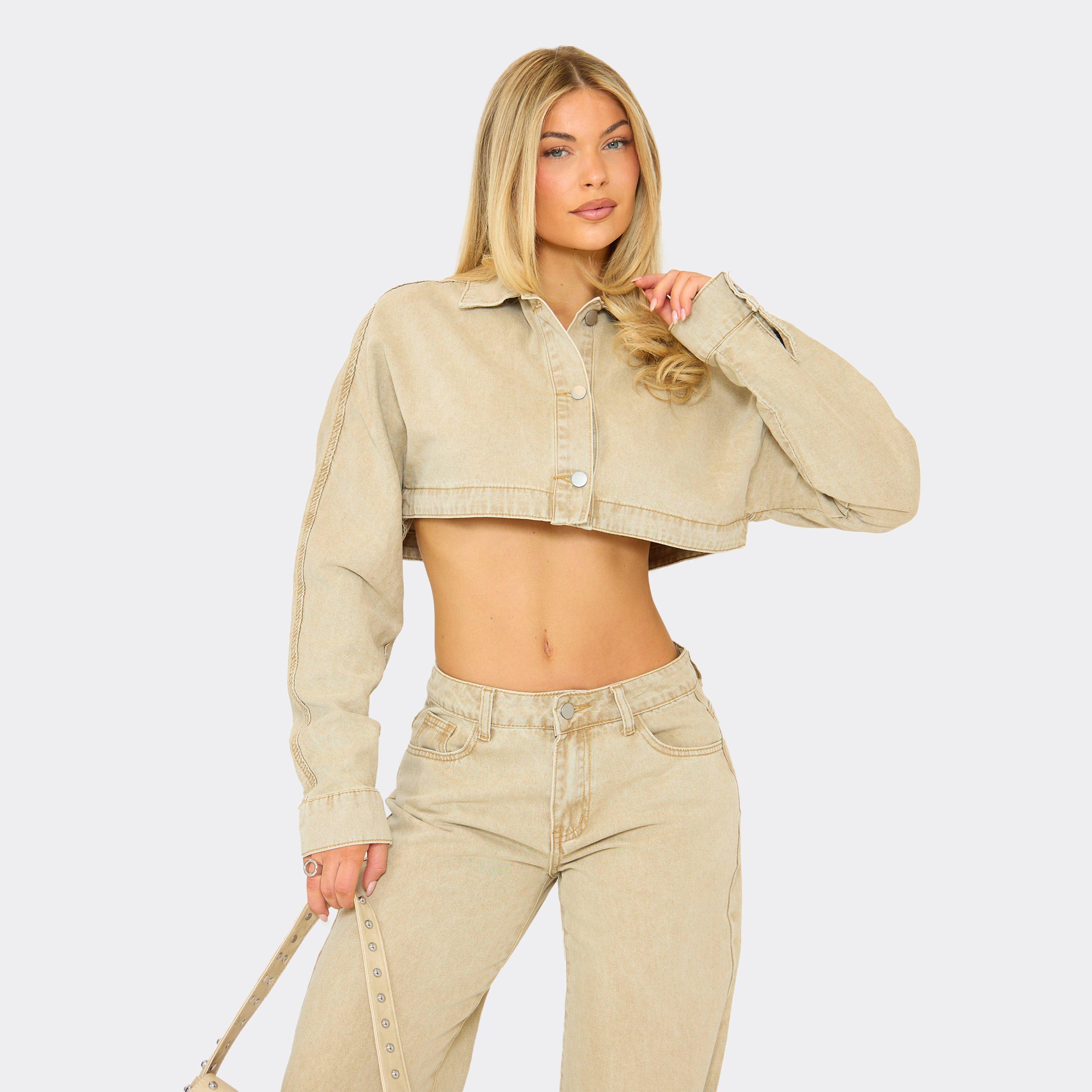 Long Sleeve Extreme Cropped Jacket In Stone Denim, Women's Size UK 6