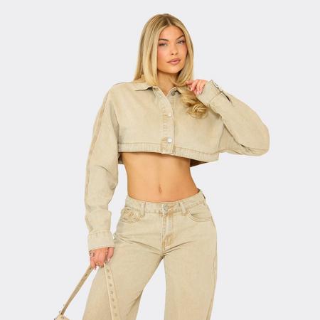 Long Sleeve Extreme Cropped Jacket In Stone Denim, Women's Size US