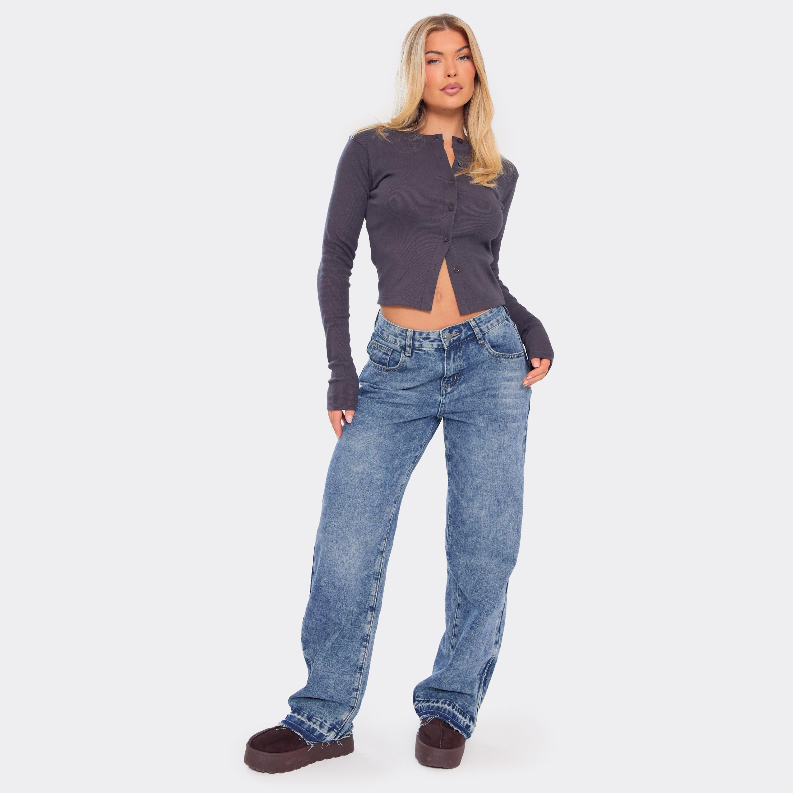 Dipped Distressed Hem Detail Wide Leg Jeans In Washed Blue Denim, Women's Size UK 8