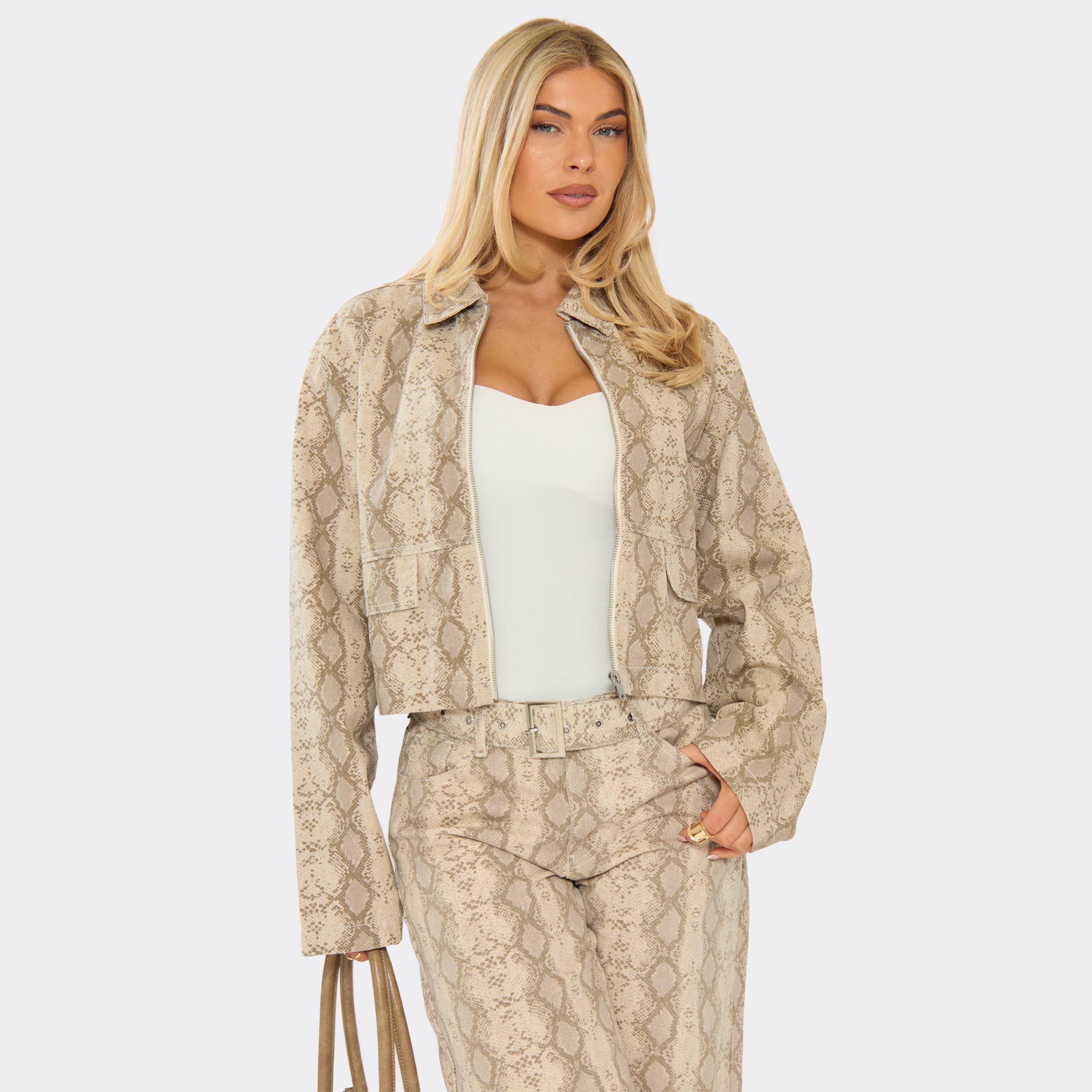 Boxy Jacket In Brown Snake Print Denim, Women's Size UK 8