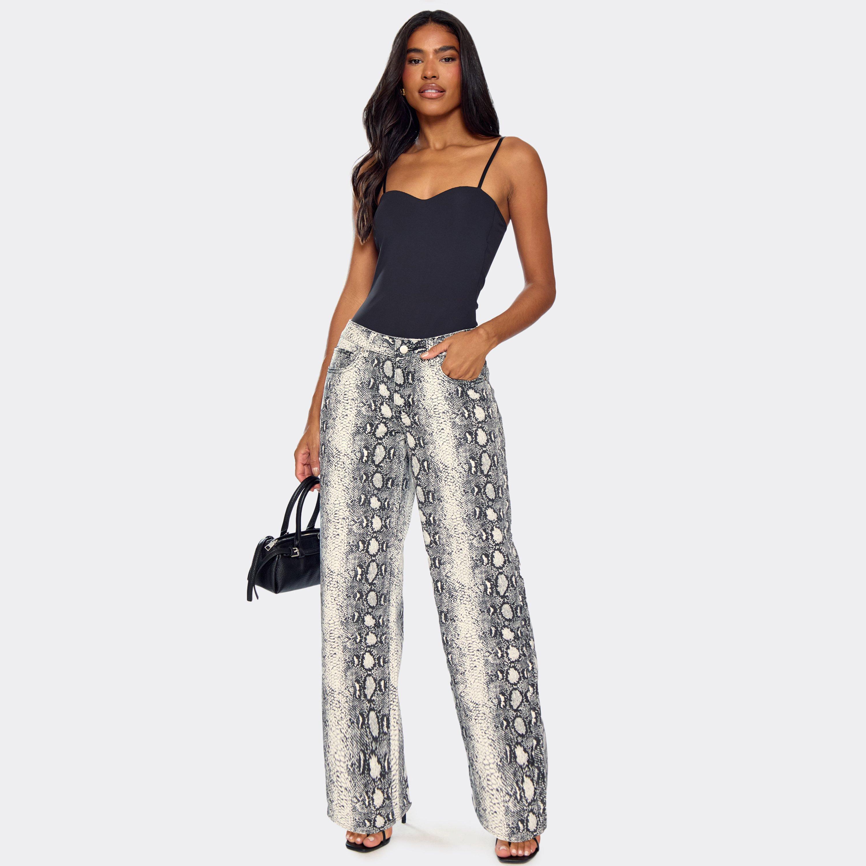 Image of Low Rise Wide Leg Jeans In Grey Snake Print Denim, Women's