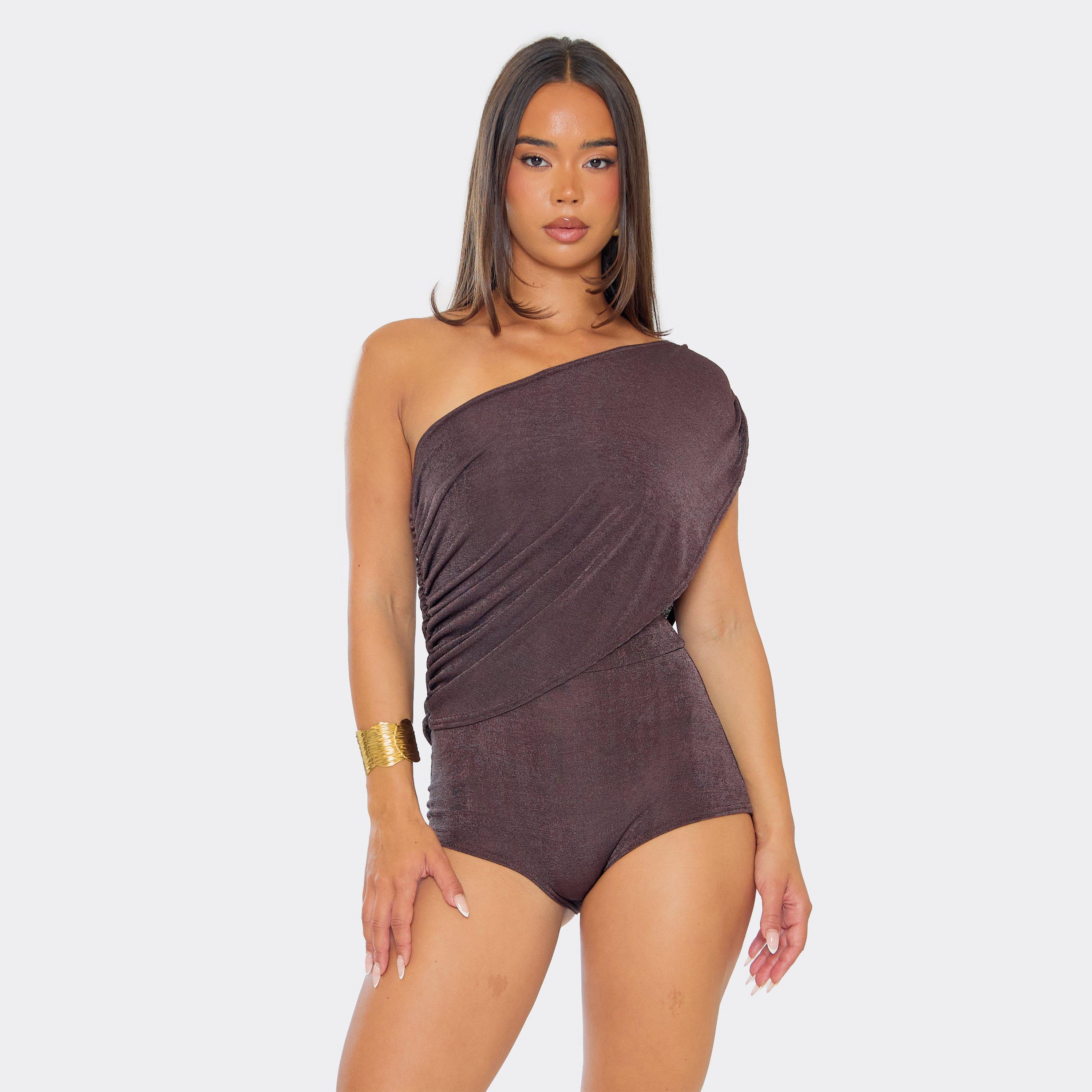 Image of One Shoulder Overlay Panel Detail Micro Playsuit In Chocolate Brown, Women's