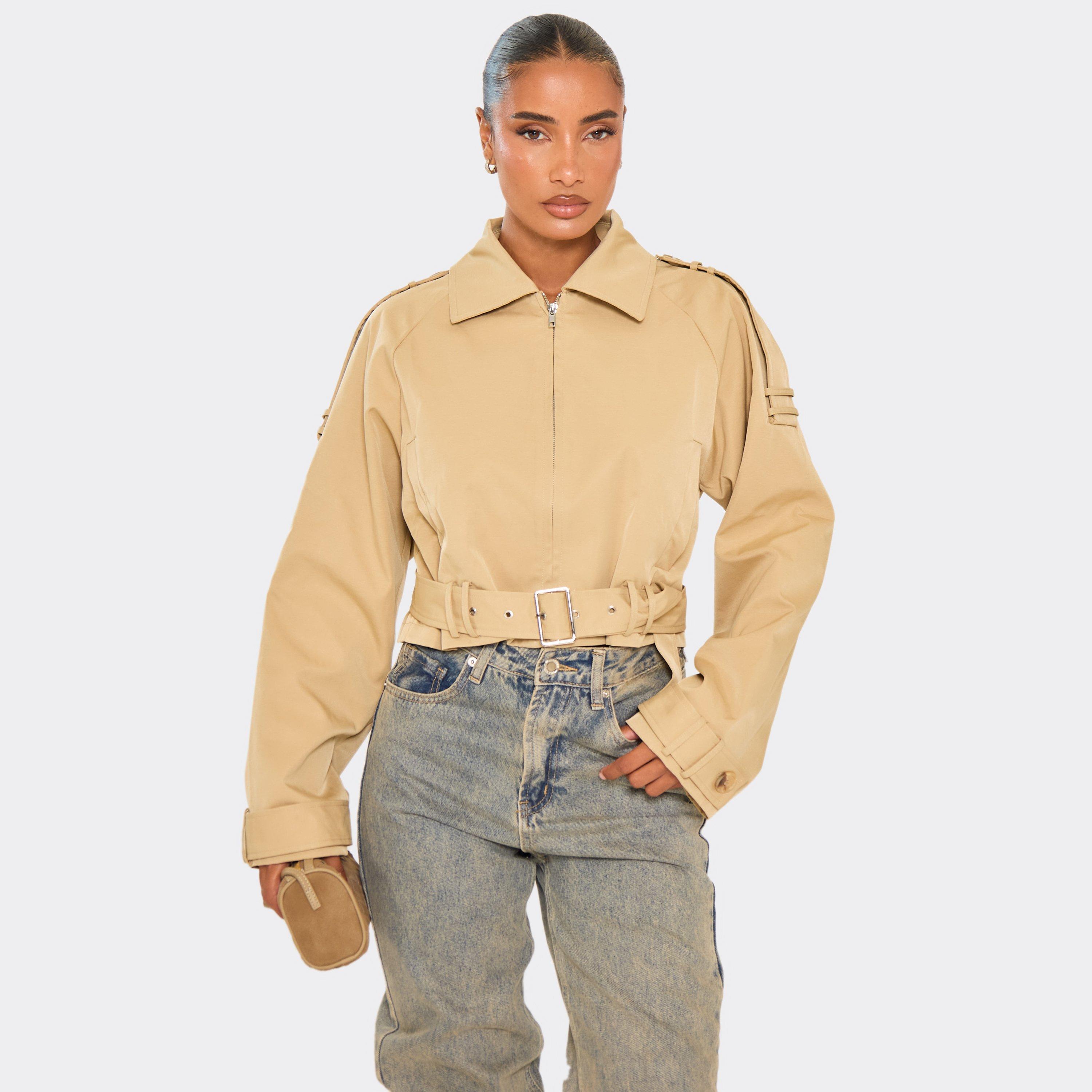 Collared Belted Hem Detail Zip Down Trench Coat In Beige, Women's Size UK 4