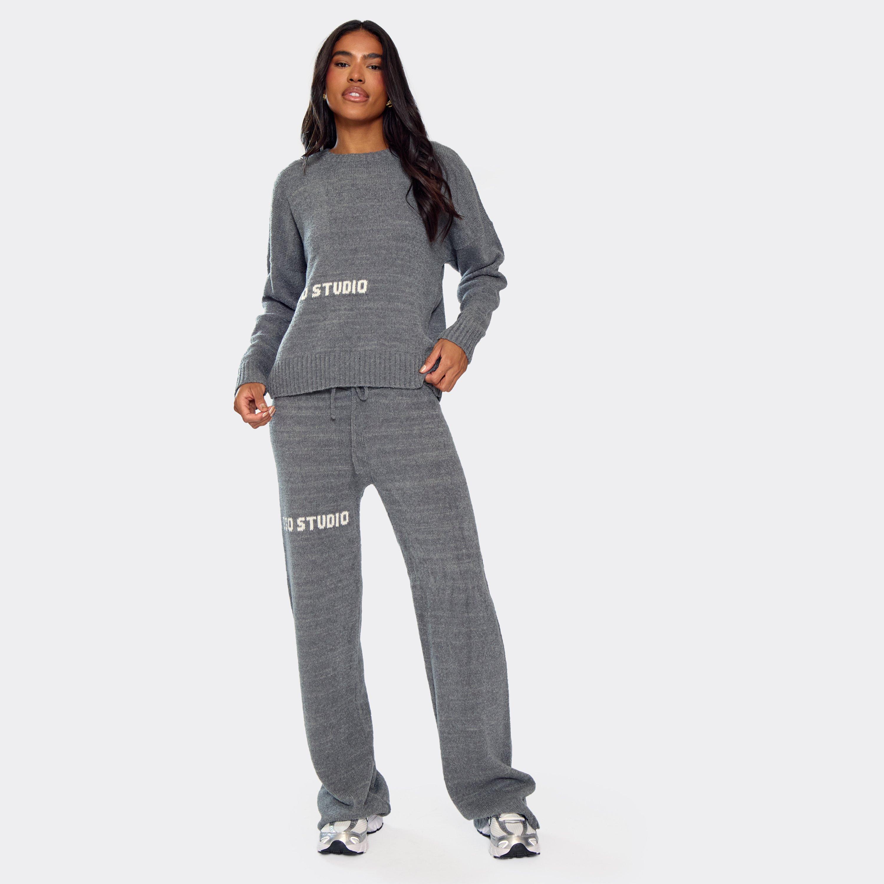 Image of Mid Rise Ego Studio Wide Leg Trousers In Charcoal Grey Knit, Women's Size UK L