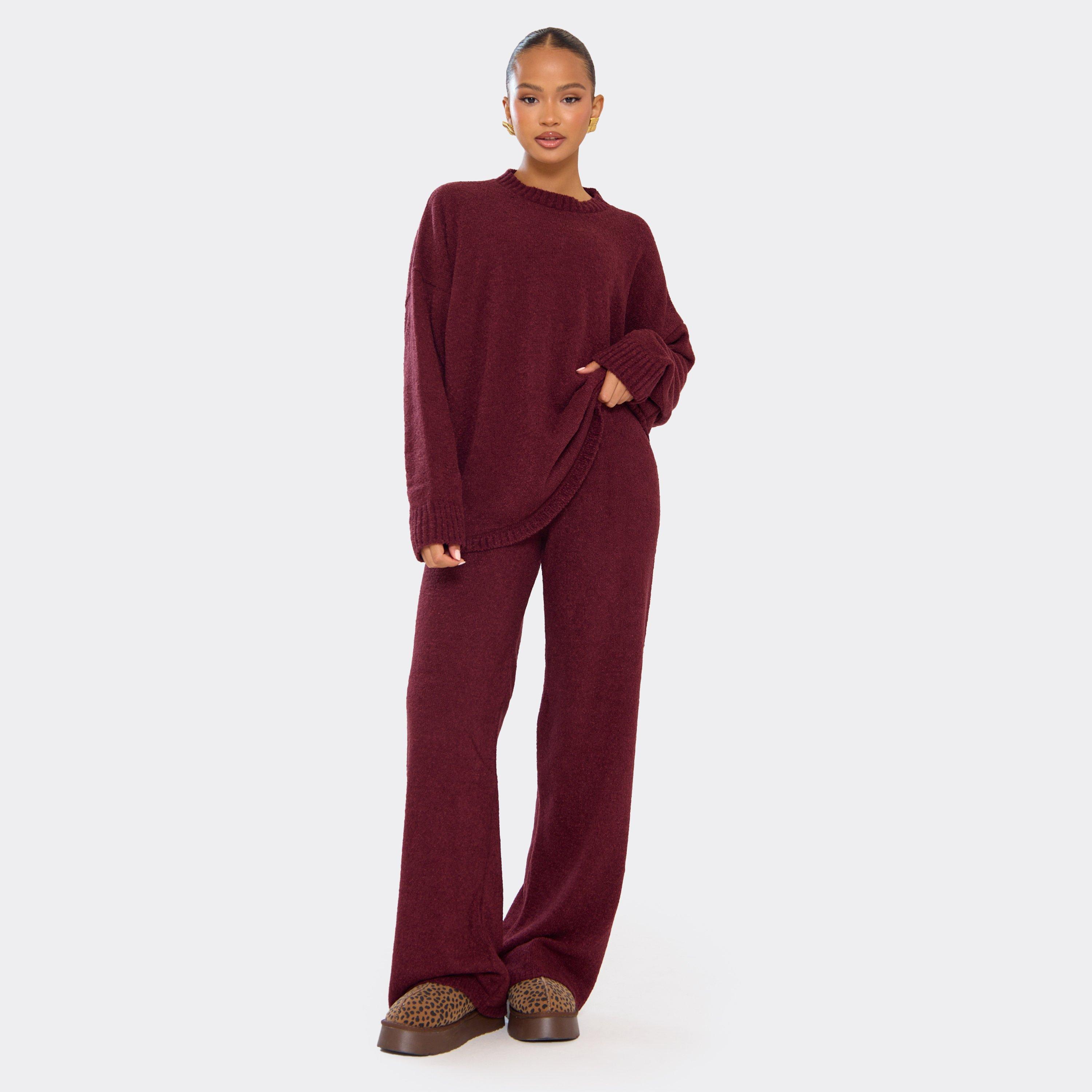 Mid Rise Wide Leg Trousers In Burgundy Boucle Knit, Women's Size UK S