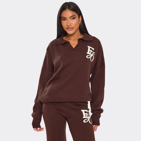 Long Sleeve Ego Graphic Collared Jumper In Chocolate Brown Knit, Women's Size US