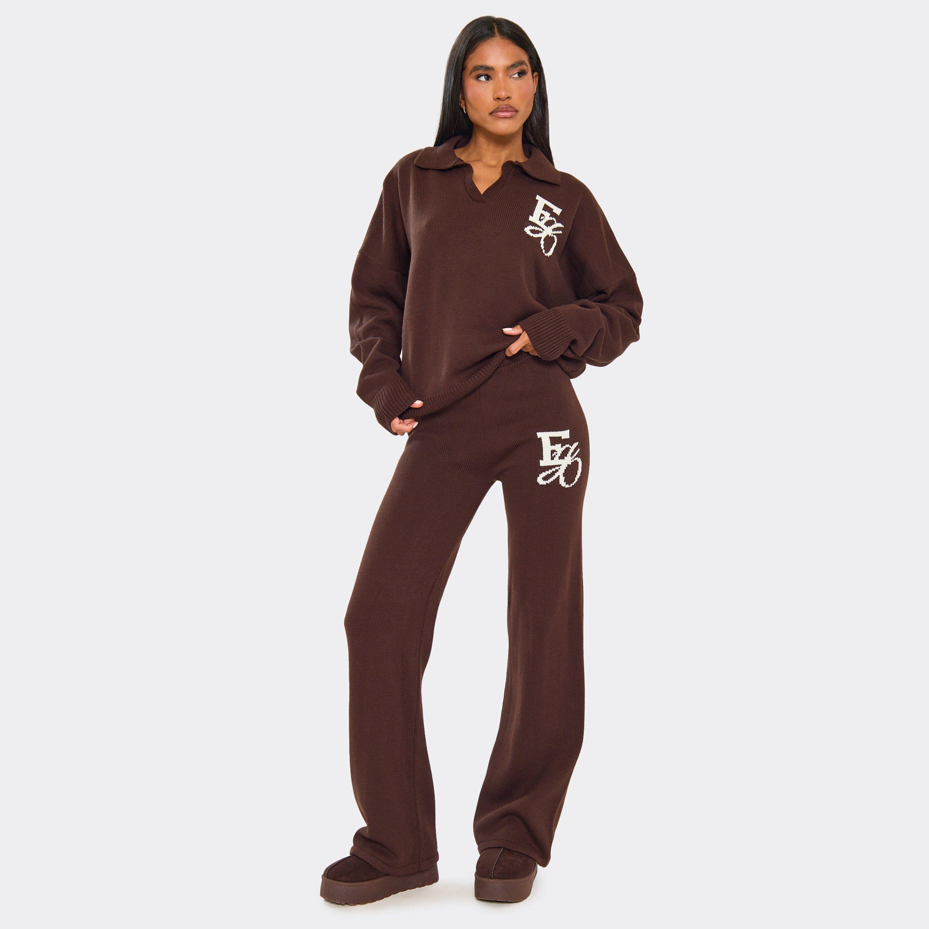 Image of Mid Rise Ego Graphic Wide Leg Trousers In Chocolate Brown Knit, Women's Size UK L
