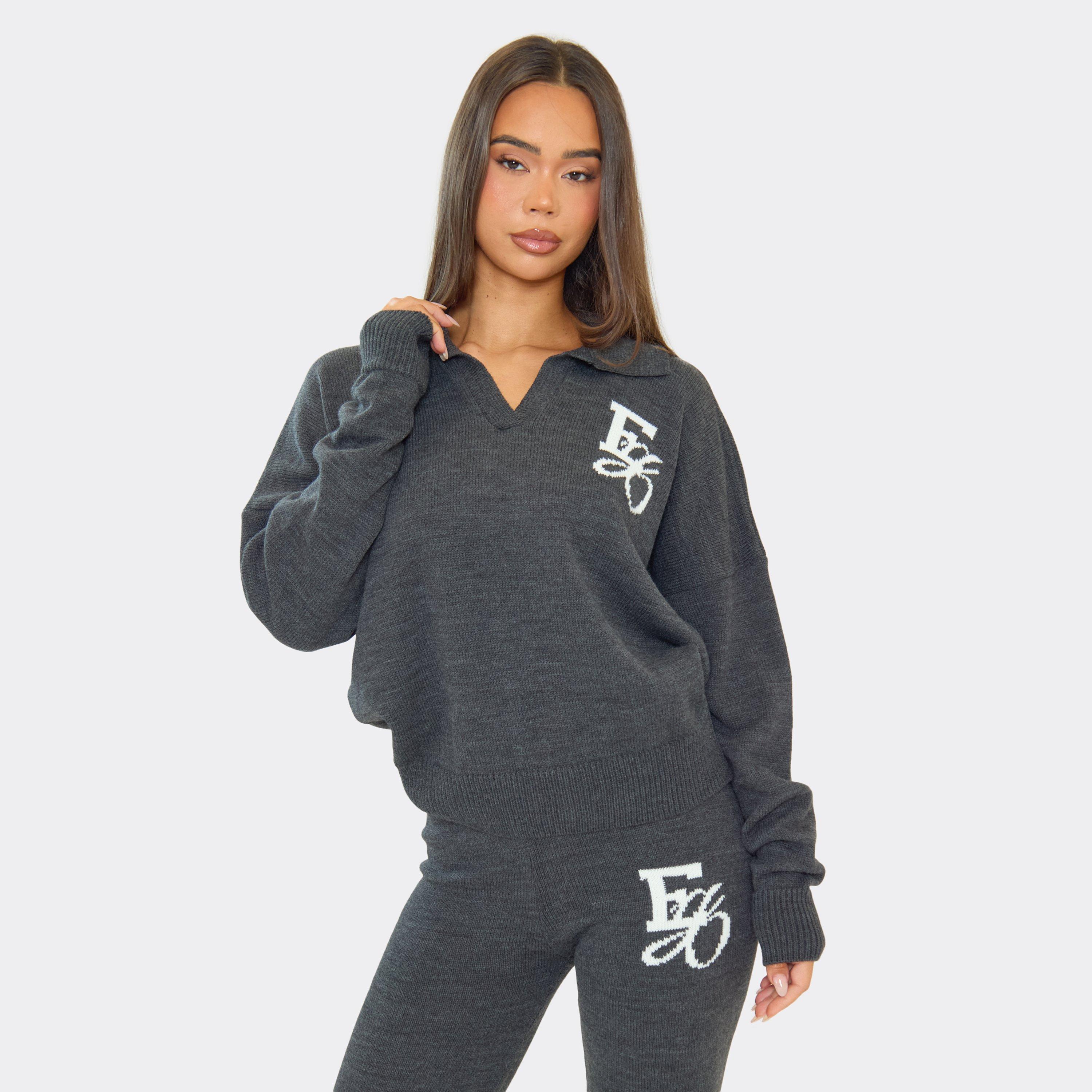 Long Sleeve Collared Ego Graphic Jumper In Grey Knit, Women’s