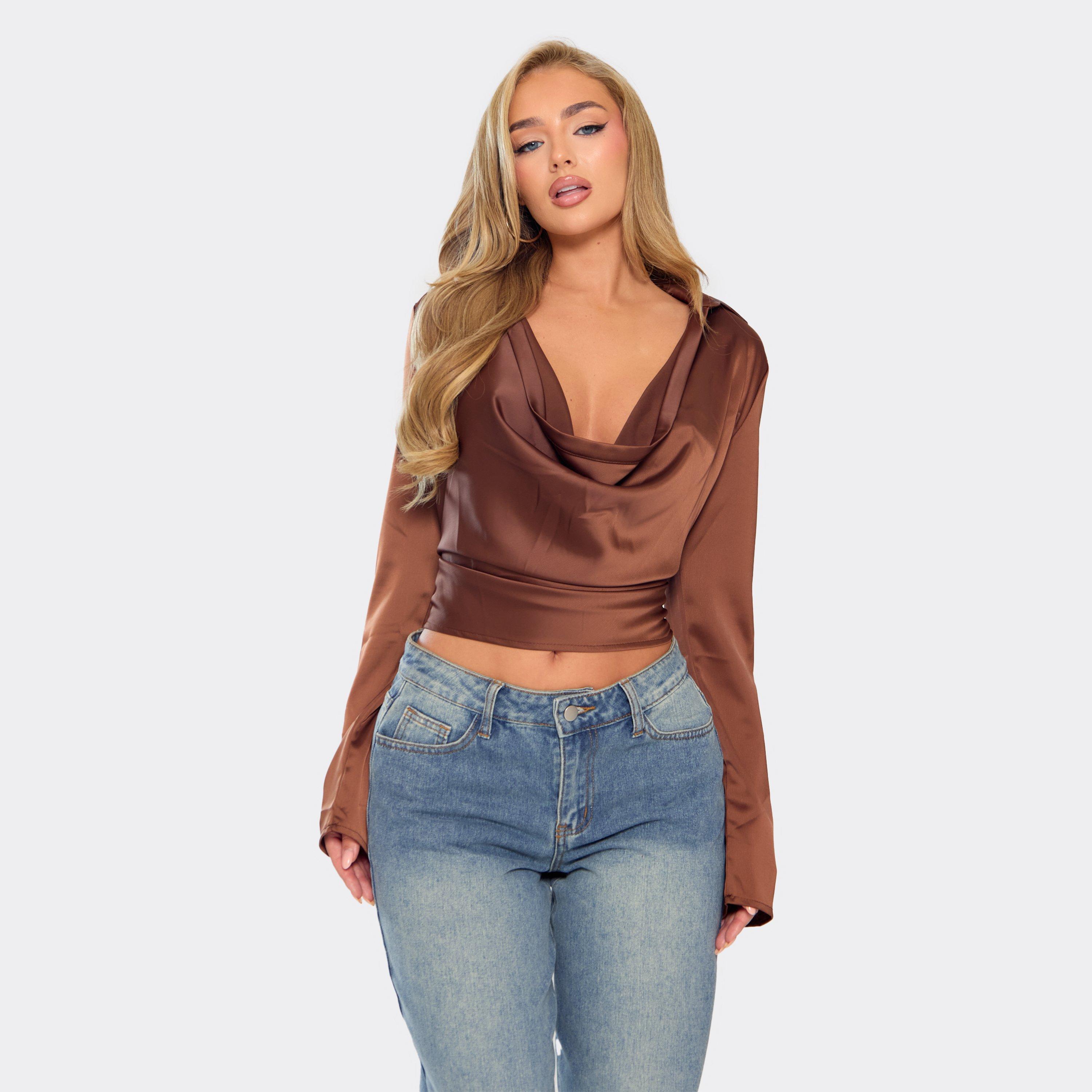 Image of Long Sleeve Cowl Neck Top In Chocolate Brown Satin, Women's