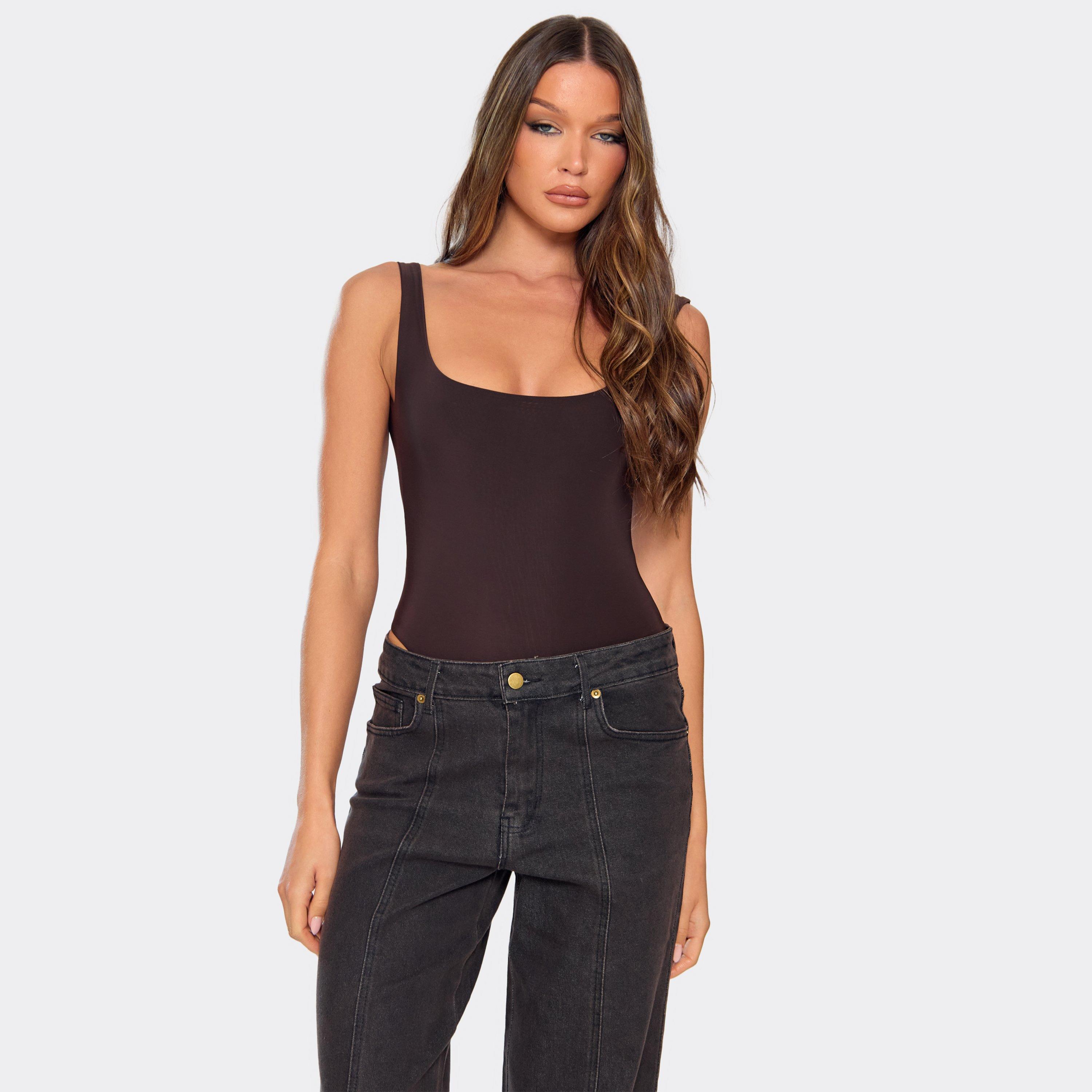 Square Neck Scoop Back Detail Bodysuit In Chocolate Brown, Women’s