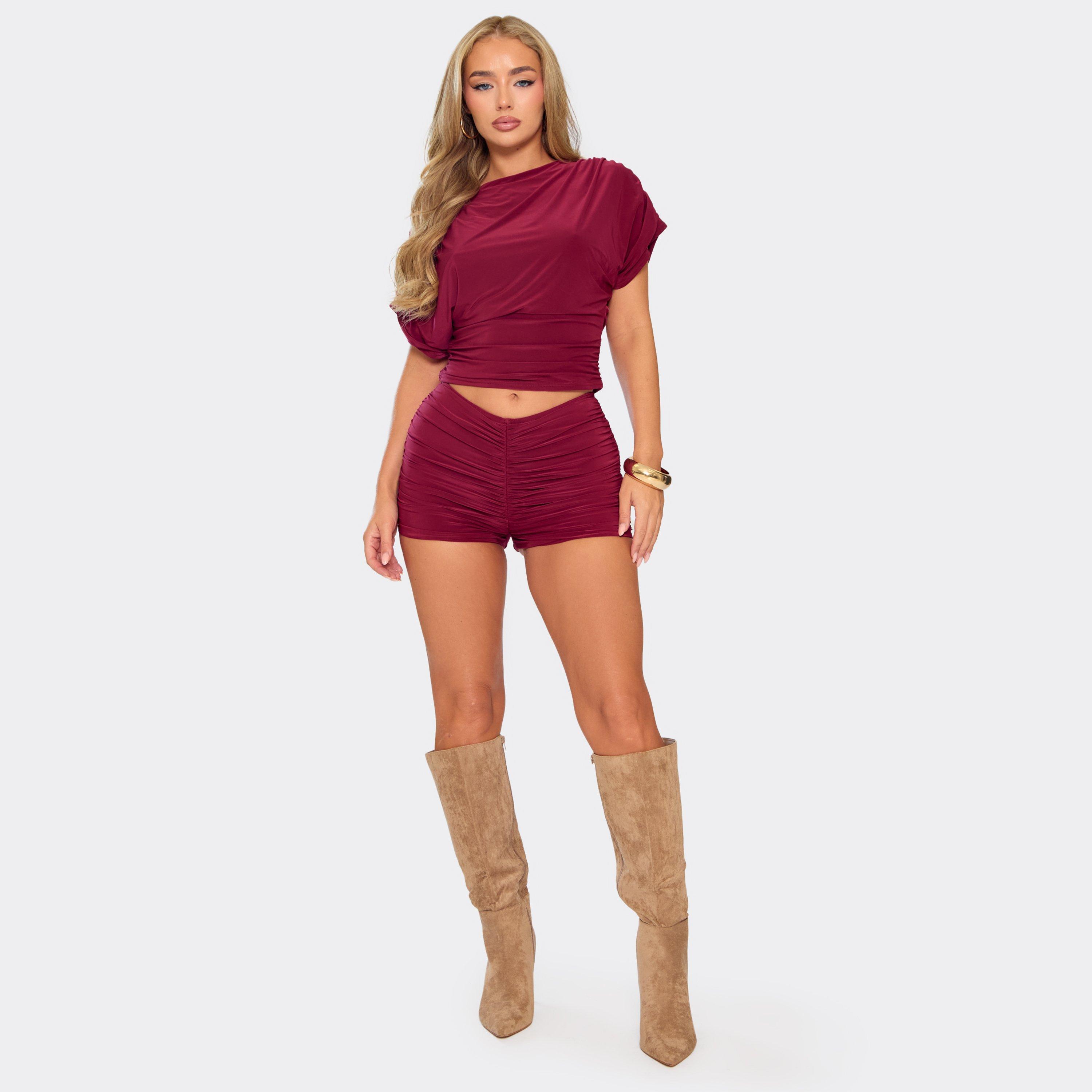 Low Rise Ruched Hot Pants In Burgundy Slinky, Women’s