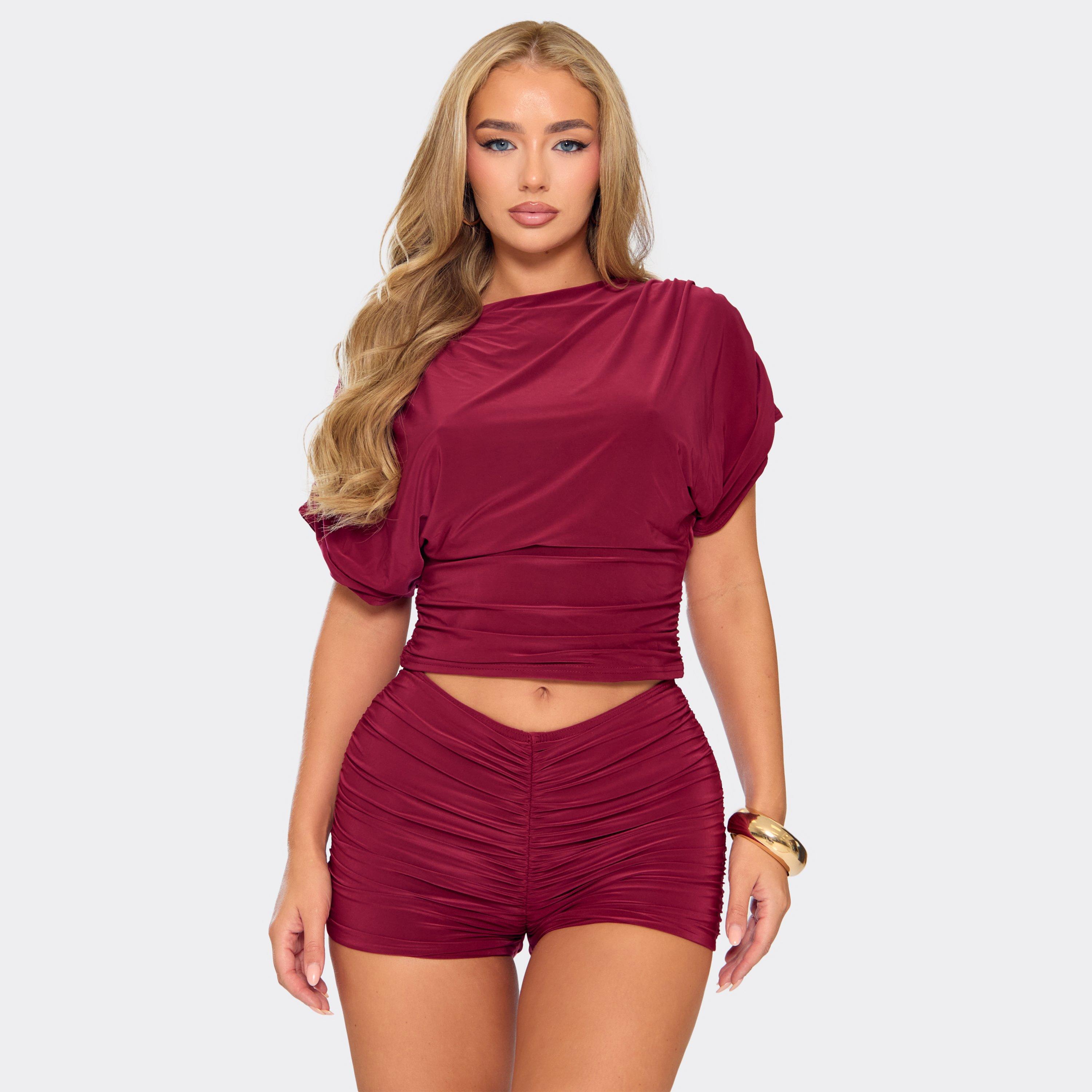 Image of Short Sleeve Cinched Waist Ruched Drape Top In Burgundy Slinky, Women's