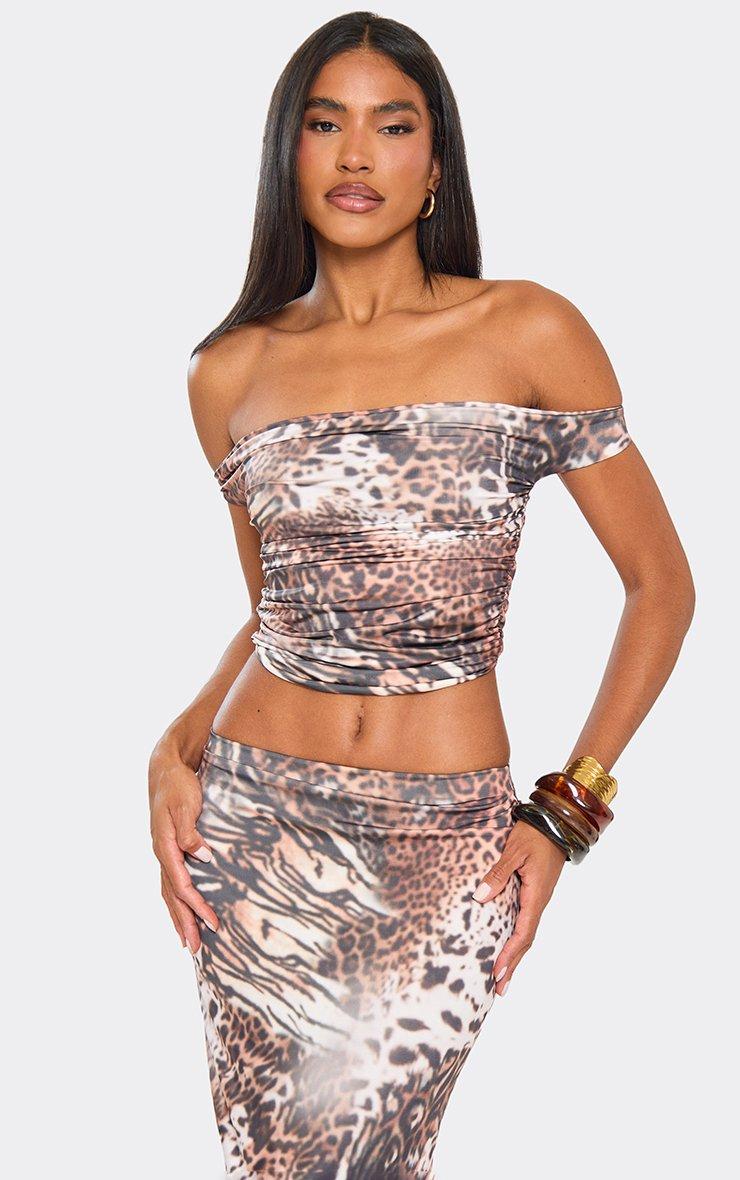 Off The Shoulder Crop Top In Brown Leopard Print | EGO US | EGO