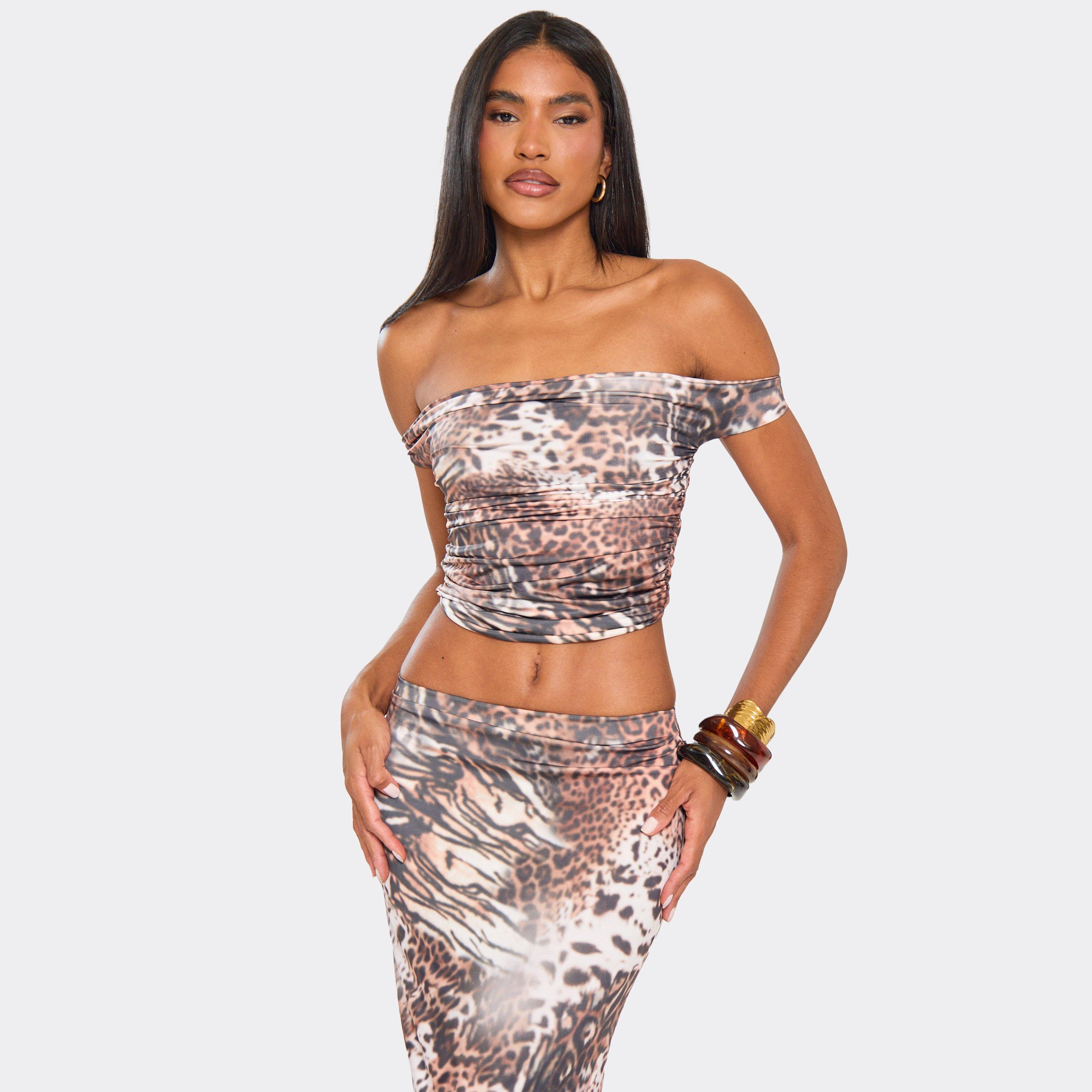 Image of Off The Shoulder Crop Top In Brown Leopard Print, Women's