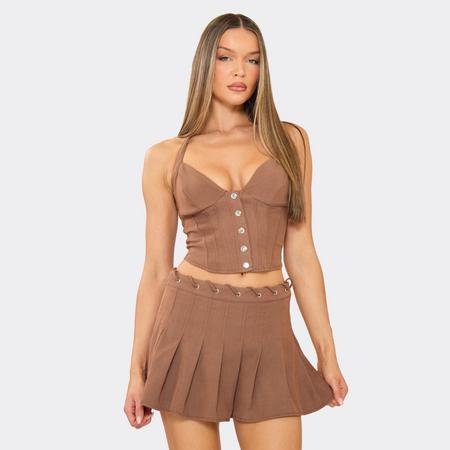 Halterneck Button Detail Corset Top In Brown, Women's Size US