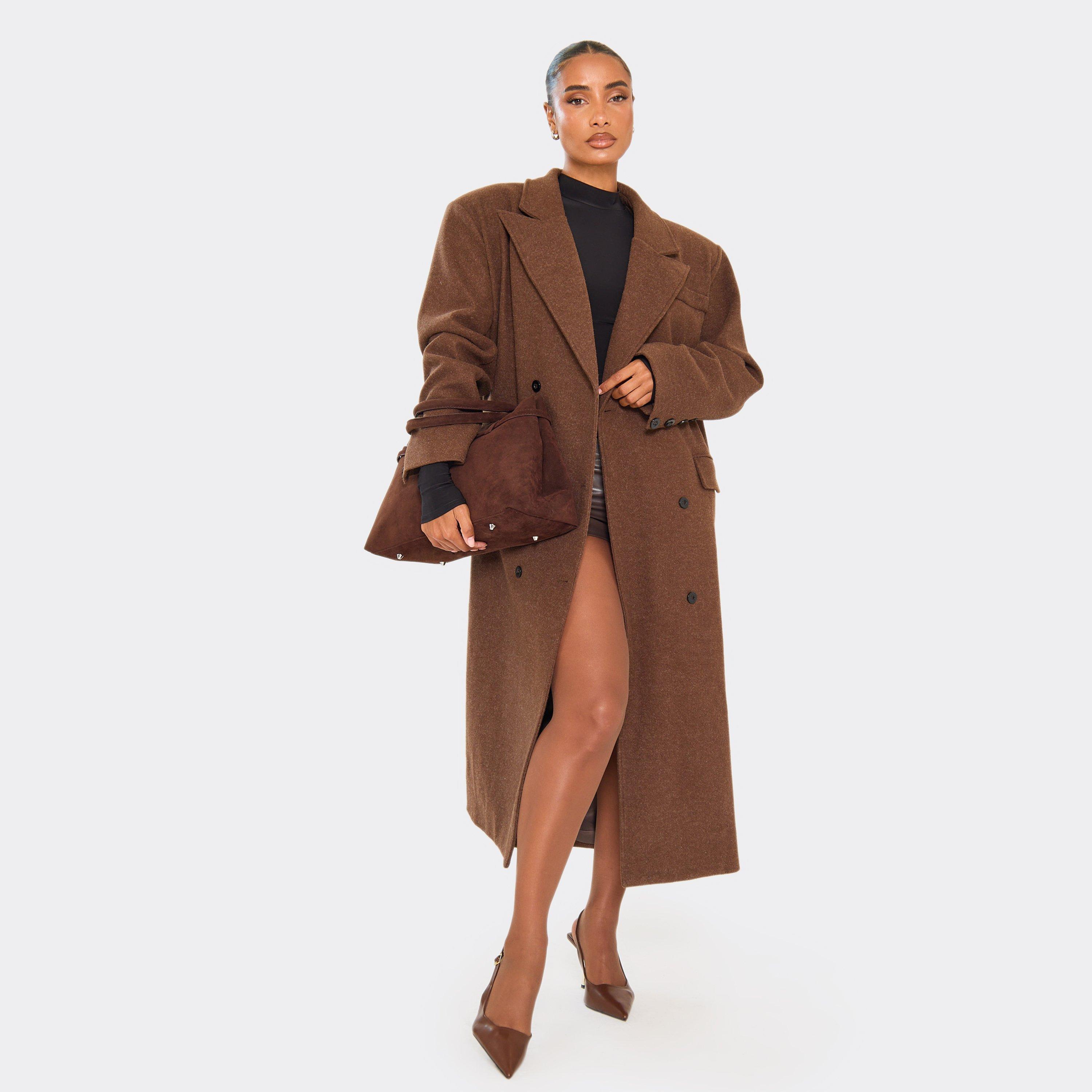 Oversized Textured Wool Look Maxi Coat In Chocolate Brown, Women's Size UK 4
