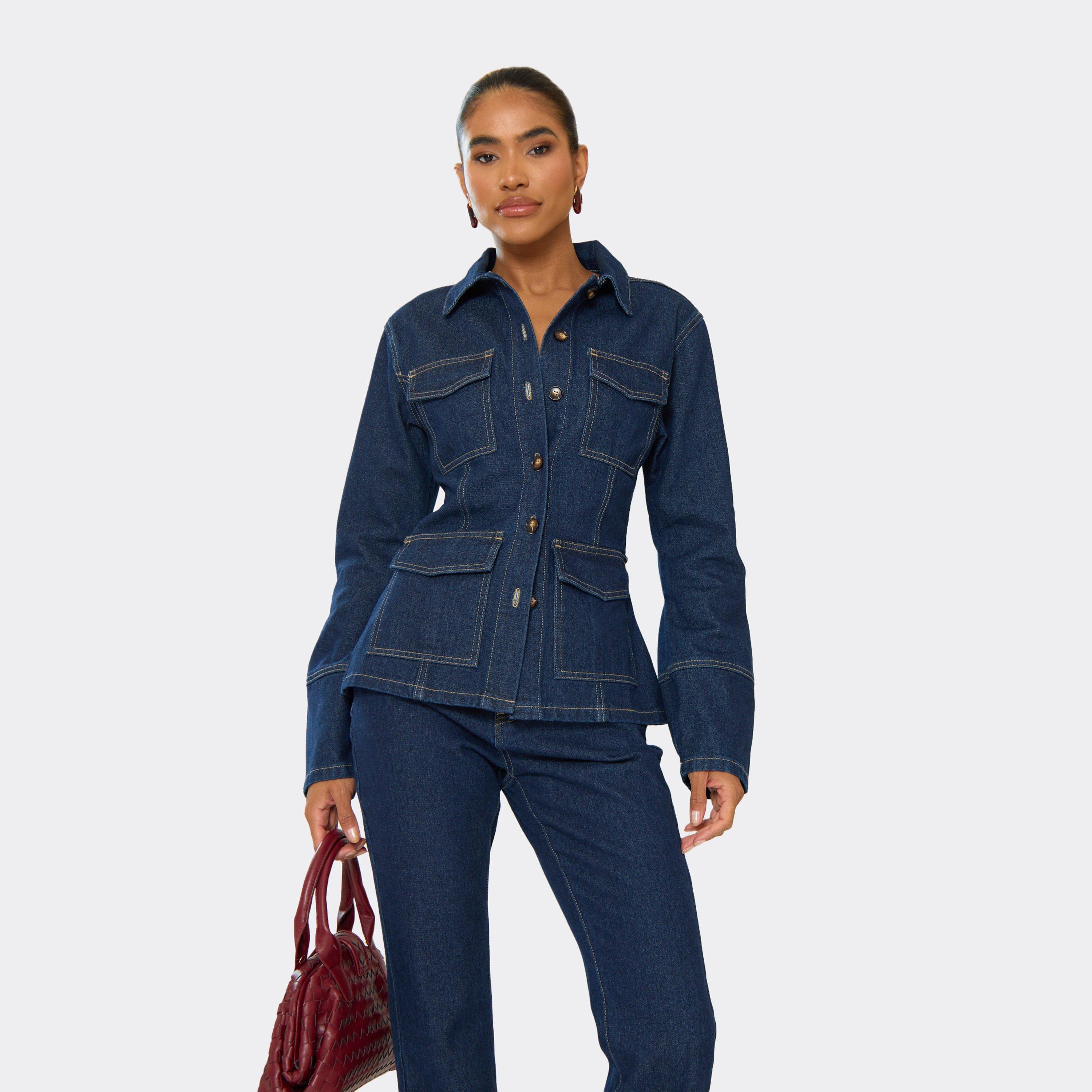 Oversized Sleeve Cinched Waist Jacket In Indigo Blue Denim, Women's Size UK 8