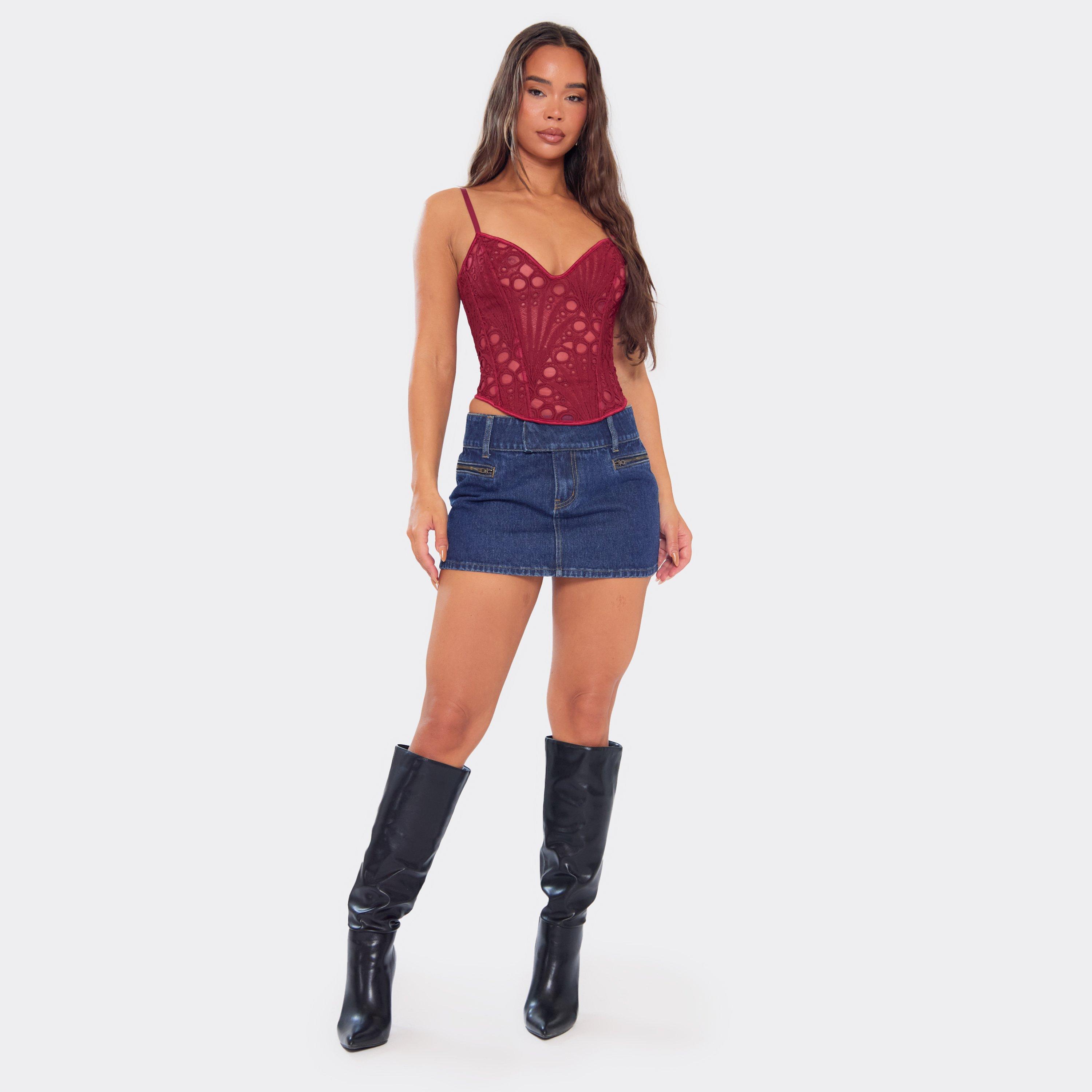 Mid Rise Waistband Detail Mini Skirt In Dark Blue Denim, Women's Size UK 10