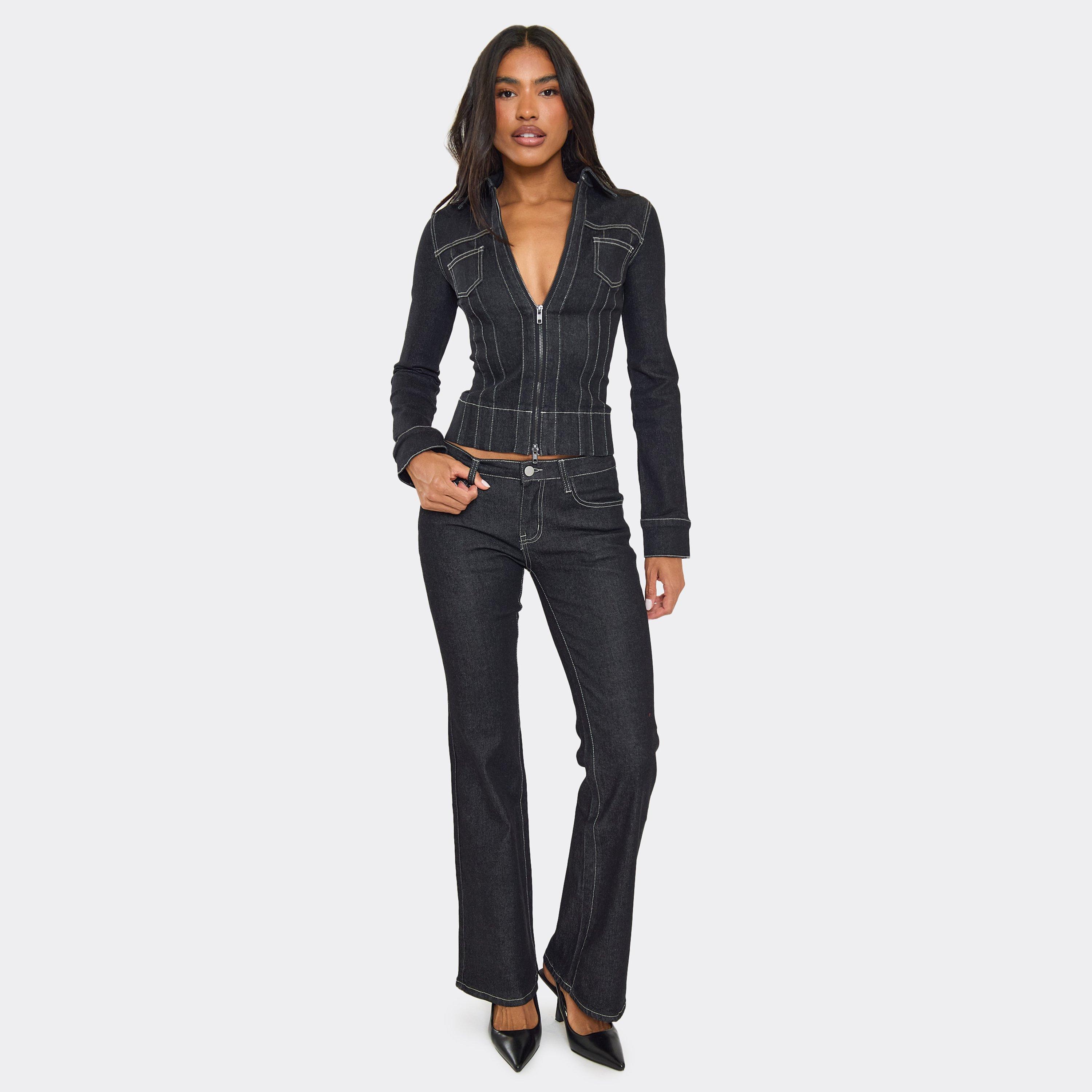 Low Rise Seam Detail Flared Jeans In Black Denim, Women's Size UK 6