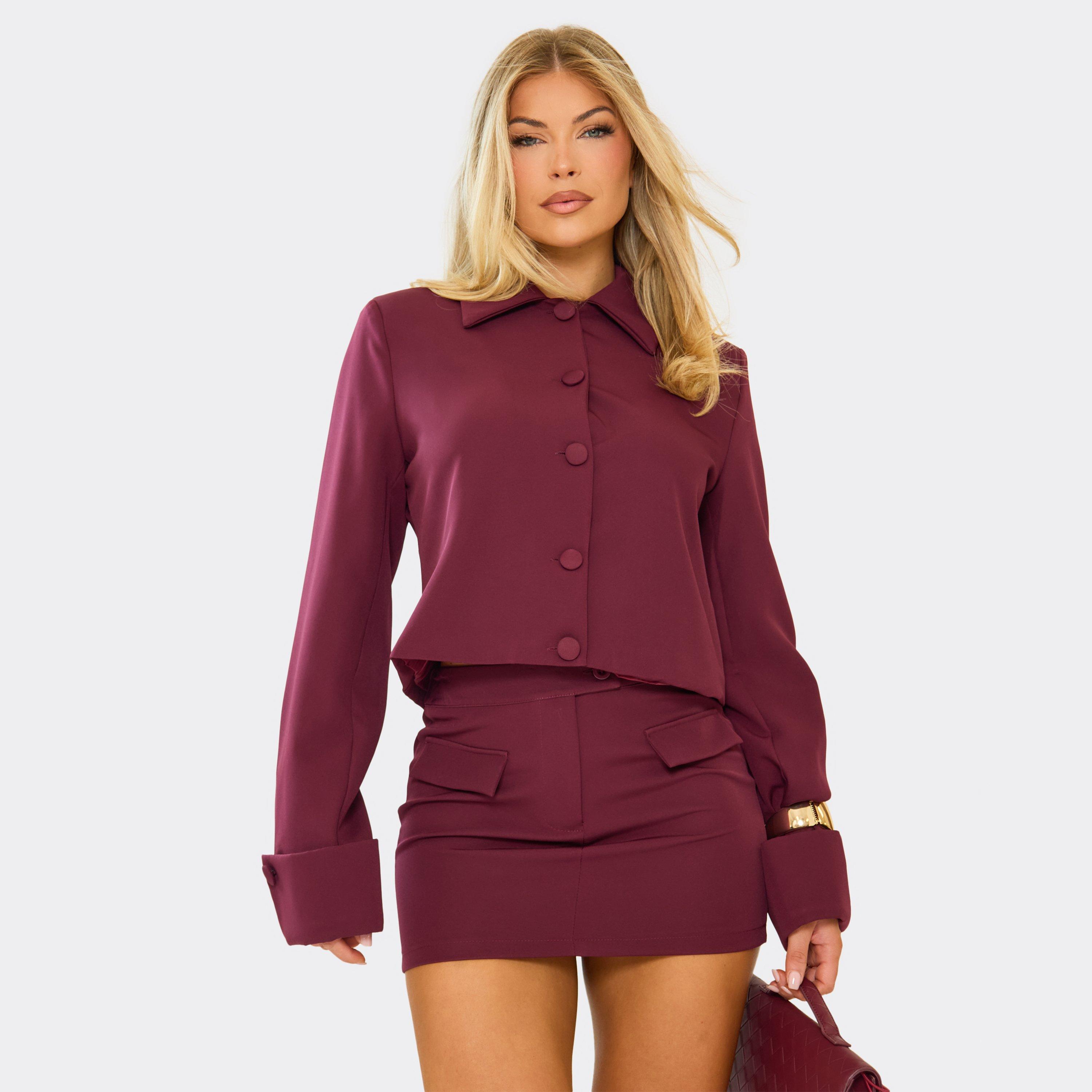 Turn Up Sleeve Button Front Boxy Blazer In Burgundy, Women's Size UK 8