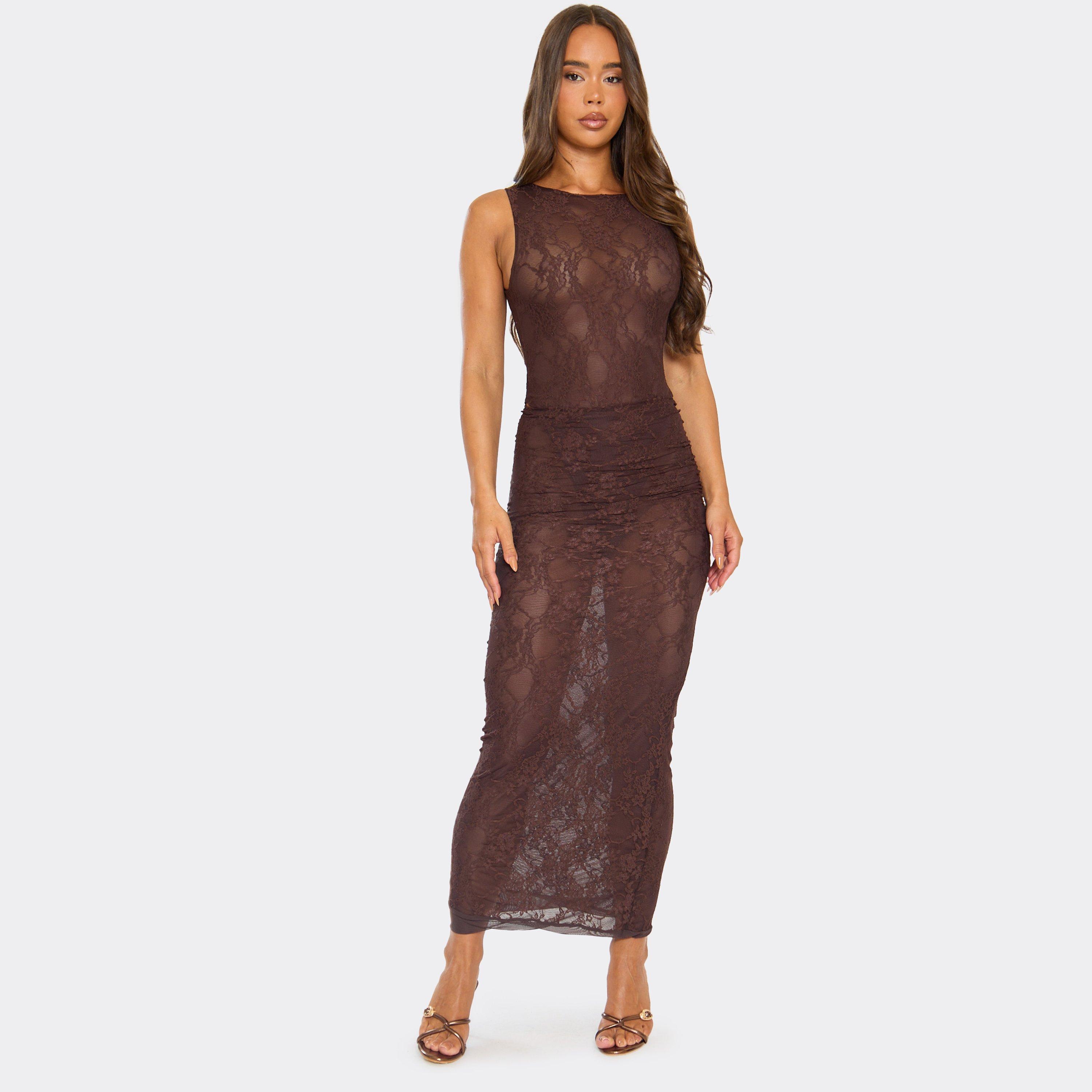 Asymmetric Ruched Detail Maxi Skirt In Brown Lace, Women’s