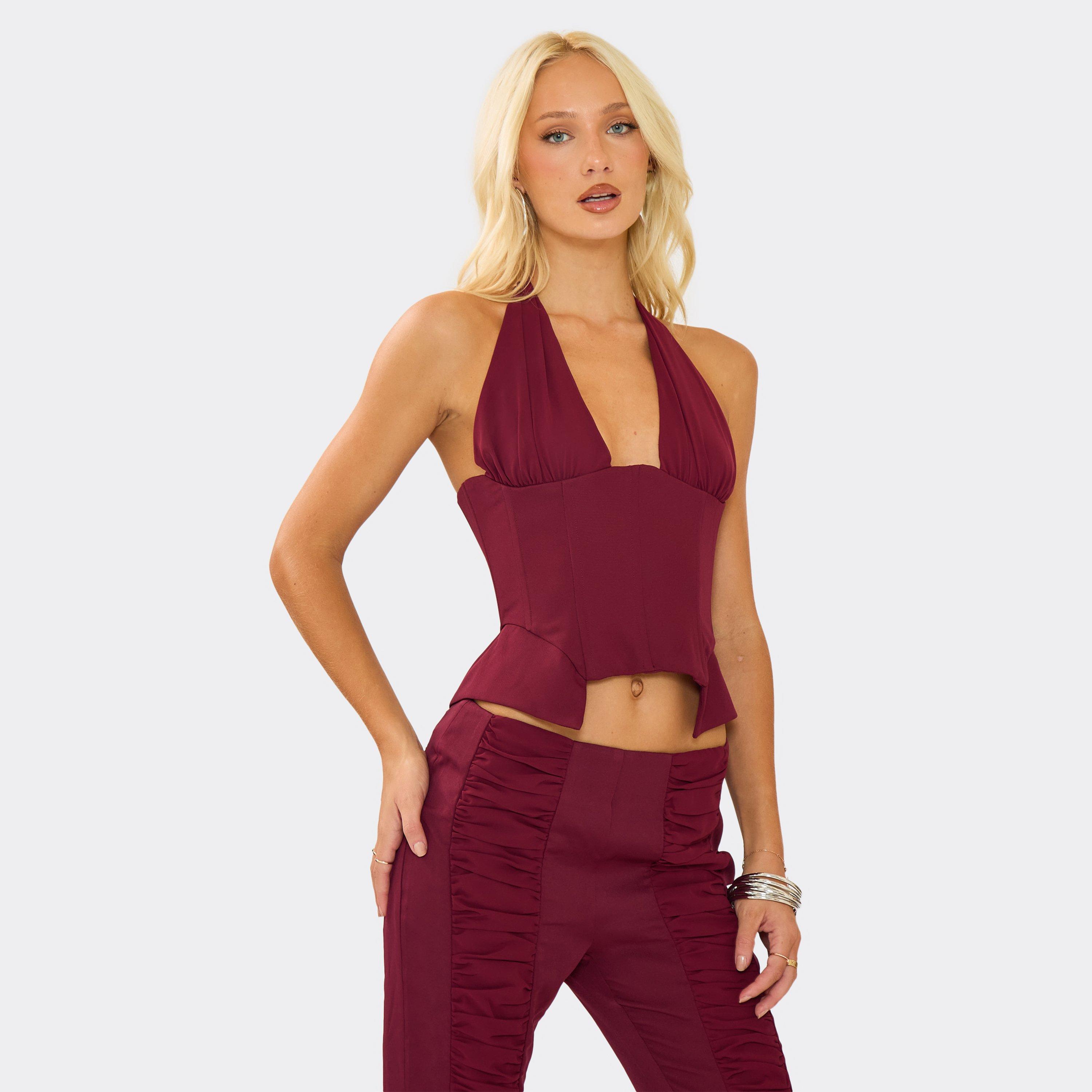 Halterneck Plunge Ruched Detail Corset Top In Burgundy, Women's Size UK 12