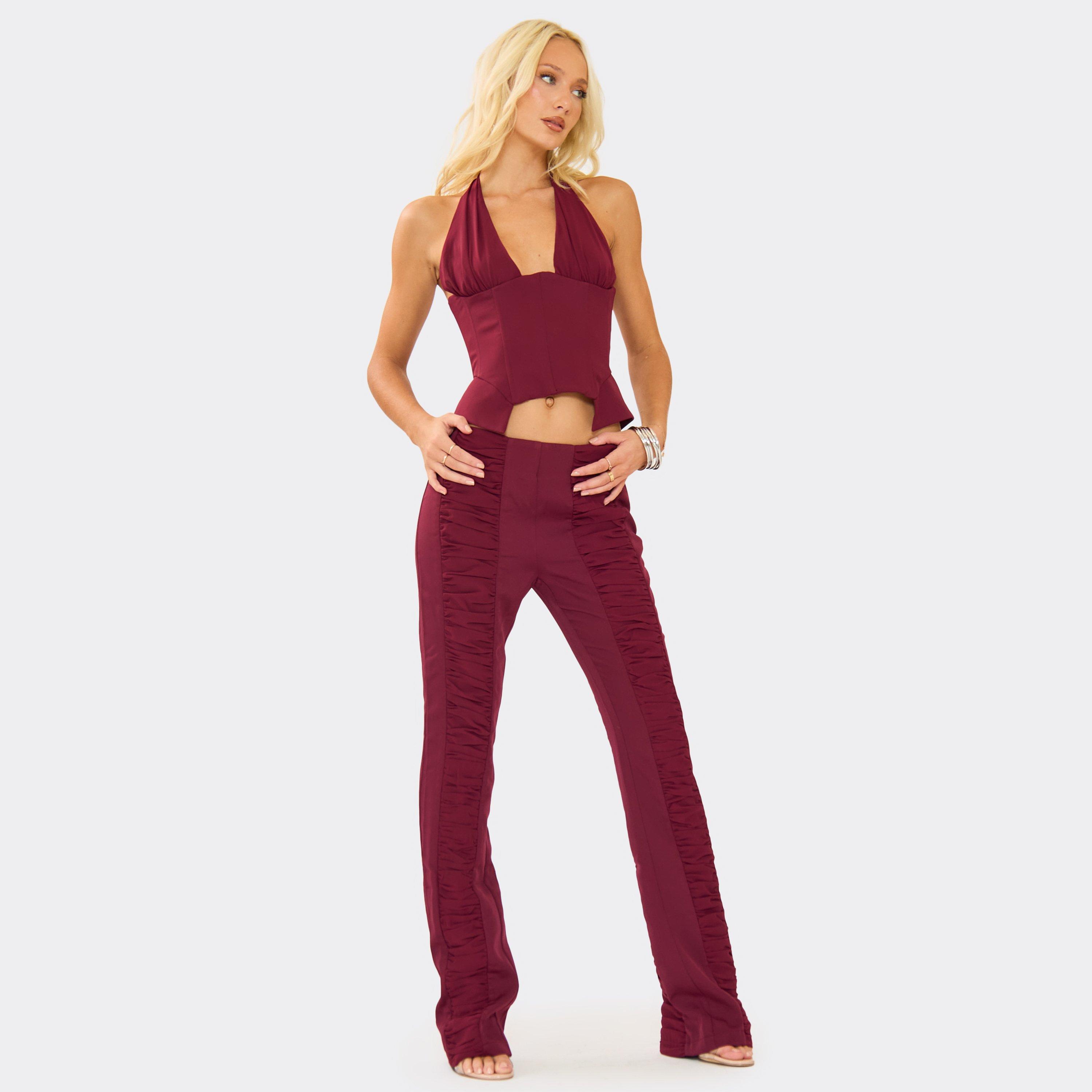 Mid Rise Ruched Detail Flared Leg Trousers In Burgundy, Women's Size UK 6