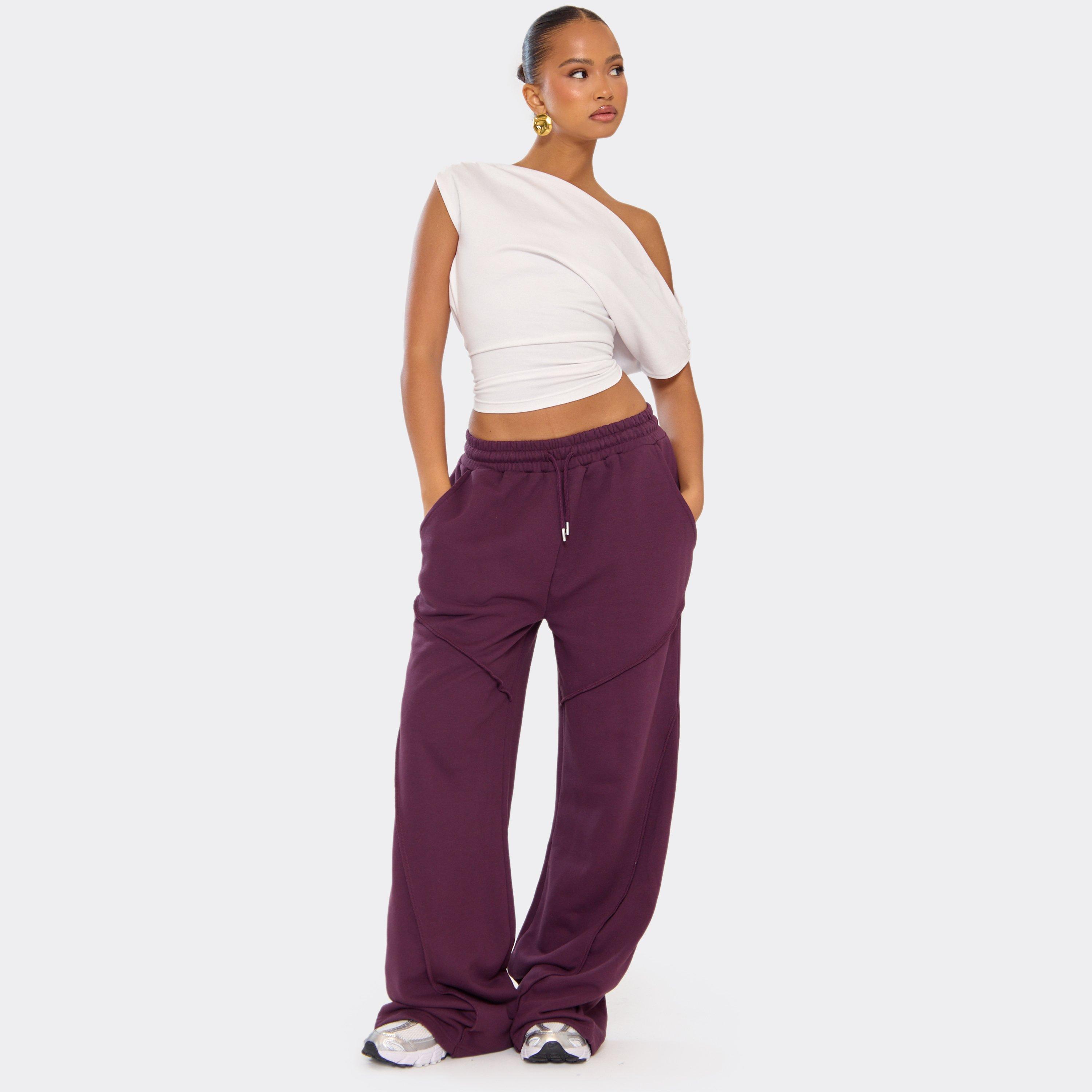 Tie Waist Seam Detail Straight Leg Joggers In Plum, Women's Size UK 8