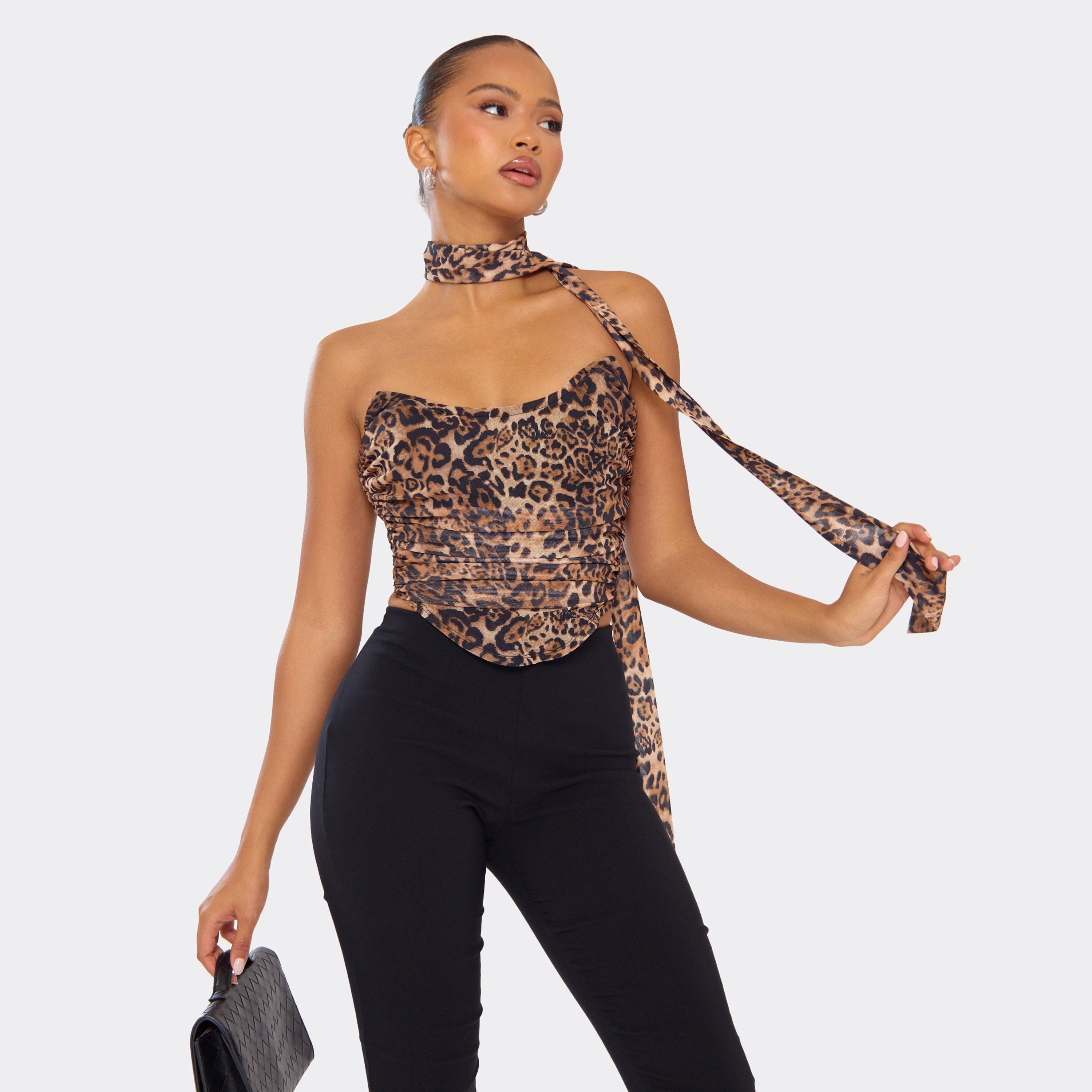 Bandeau Scarf Detail Corset Top In Brown Leopard Print, Women’s