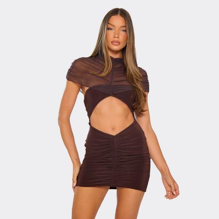 High Neck Mesh Overley Cut Out Ruched Detail Mini Dress In Chocolate Brown, Women's Size US