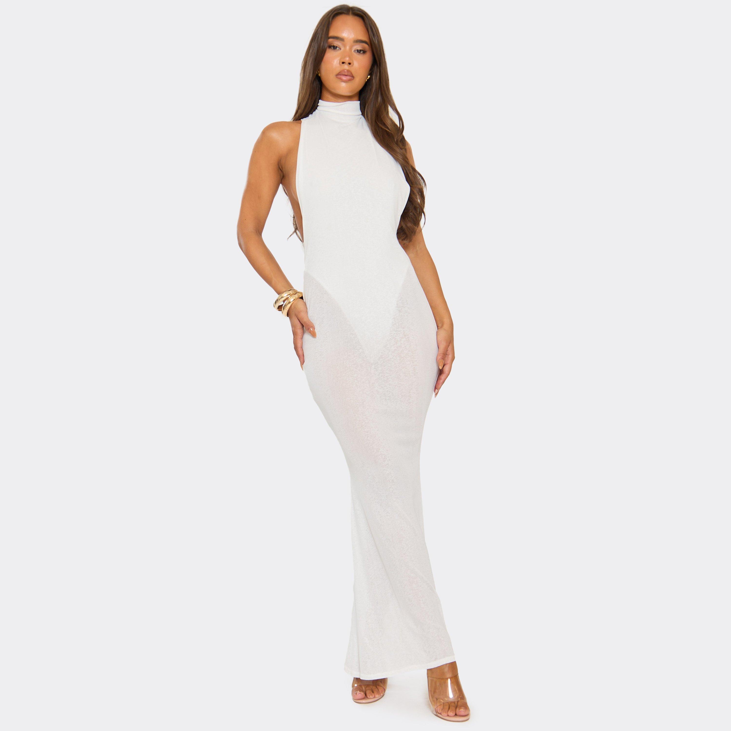 High Neck Cut Out Back Detail Maxi Dress In White Mesh, Women's Size UK 12