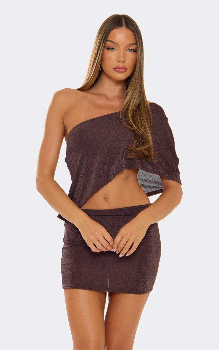 Asymmetric Off The Shoulder Cut Out Side Detail Mini Dress In Chocolate  Brown | EGO US | EGO