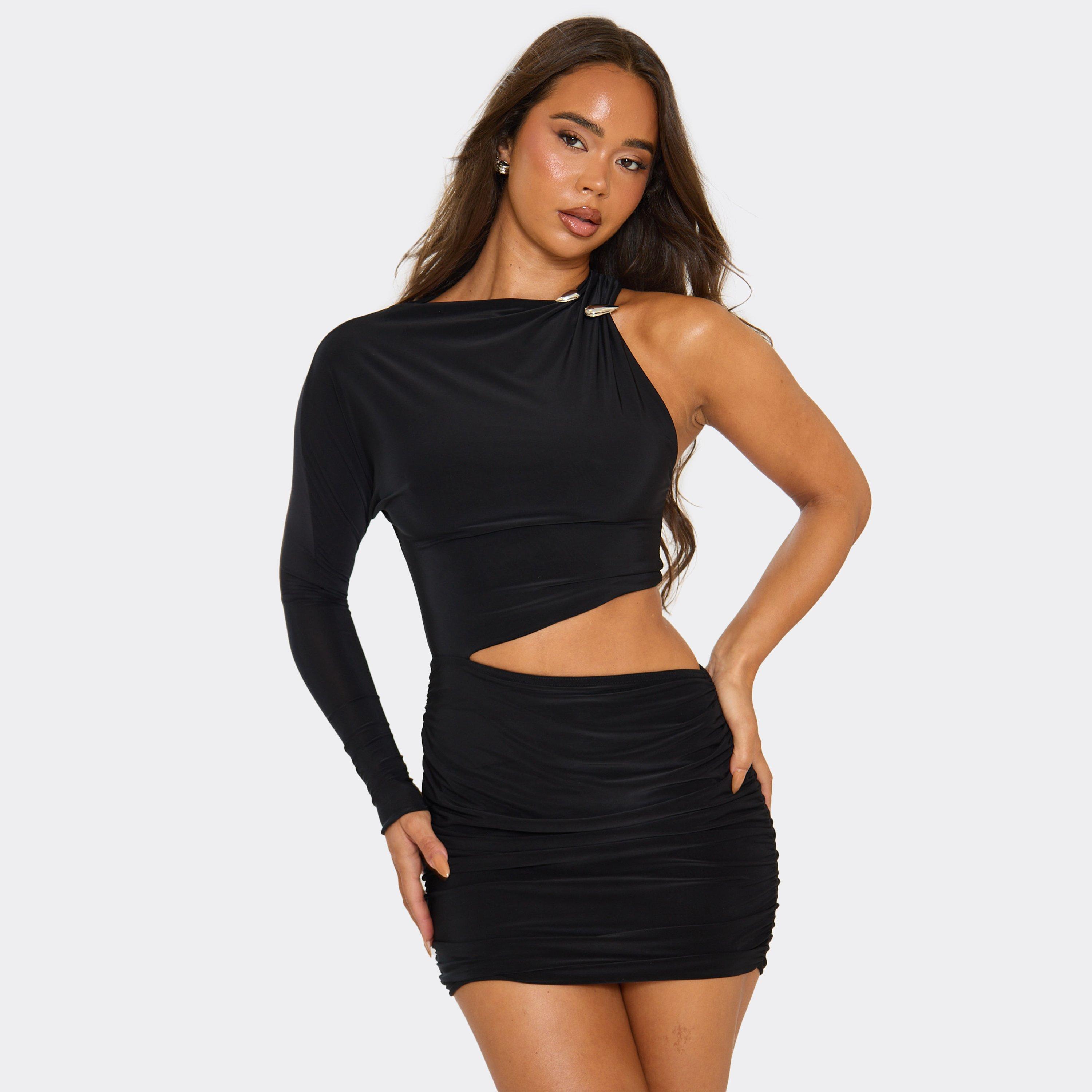 One Sleeve Cut Out Detail Mini Dress In Black, Women's Size UK 12