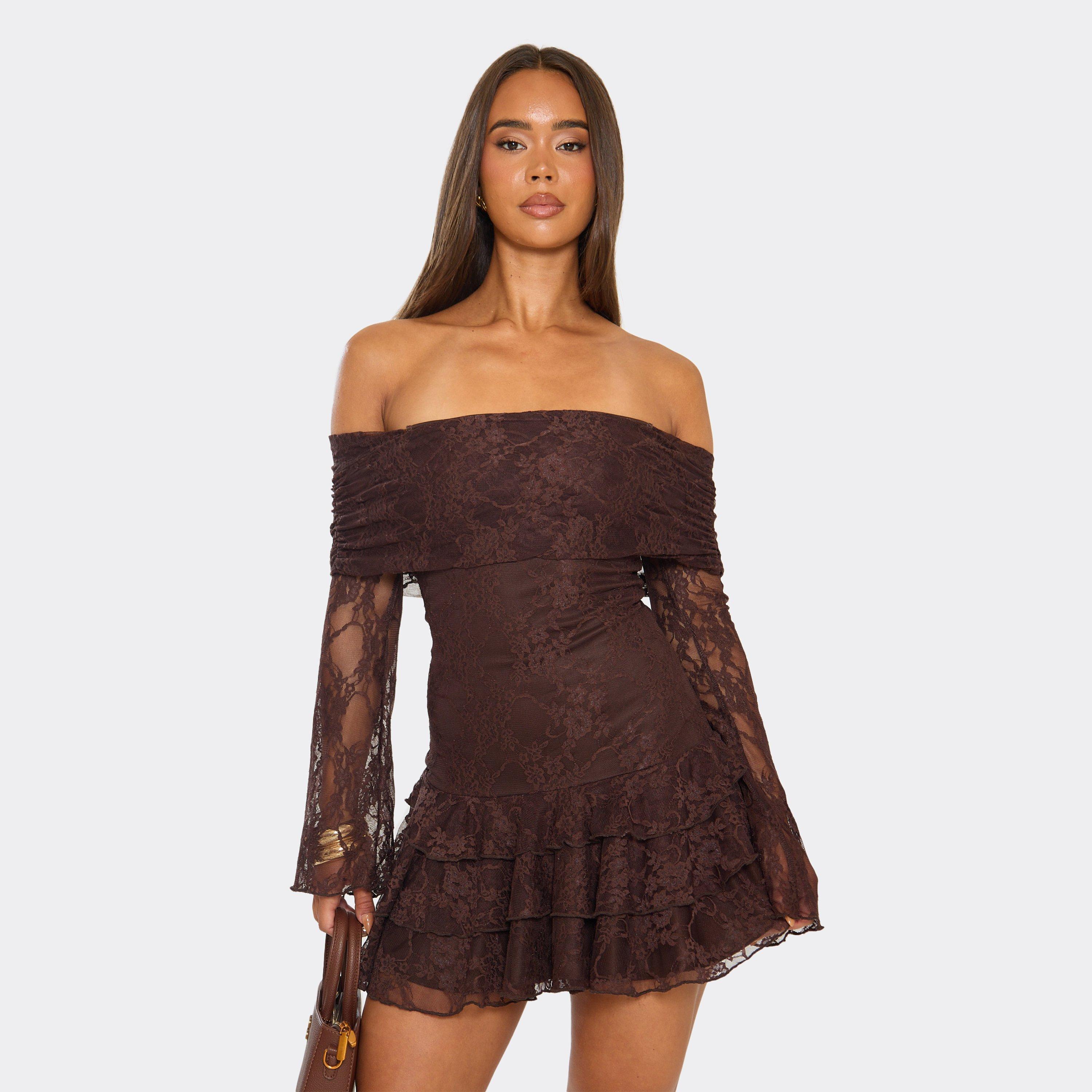 Long Sleeve Bardot Fold Over Ruffle Mini Dress In Chocolate Brown Lace, Women’s