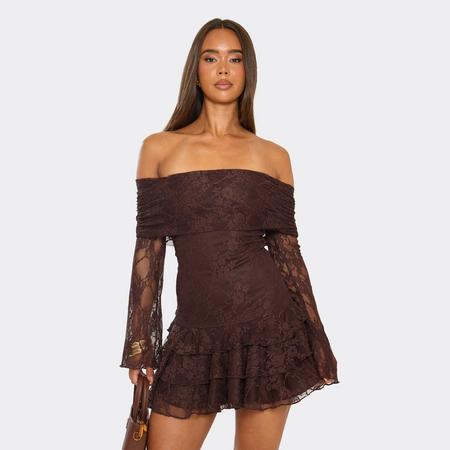 Long Sleeve Bardot Fold Over Ruffle Mini Dress In Chocolate Brown Lace, Women's Size US