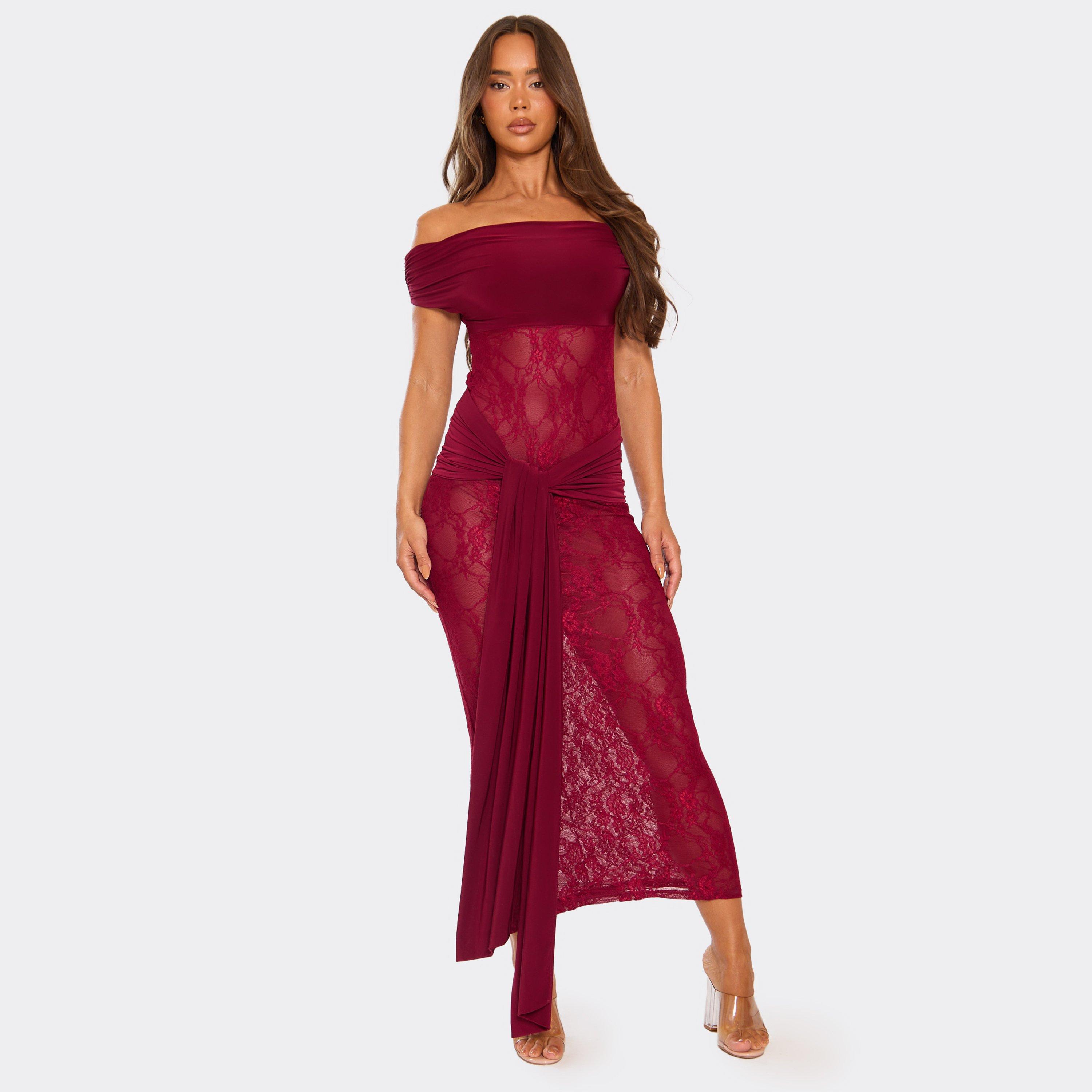 Bardot Contrast Tie Drape Detail Maxi Dress In Burgundy Lace, Women's Size UK 14