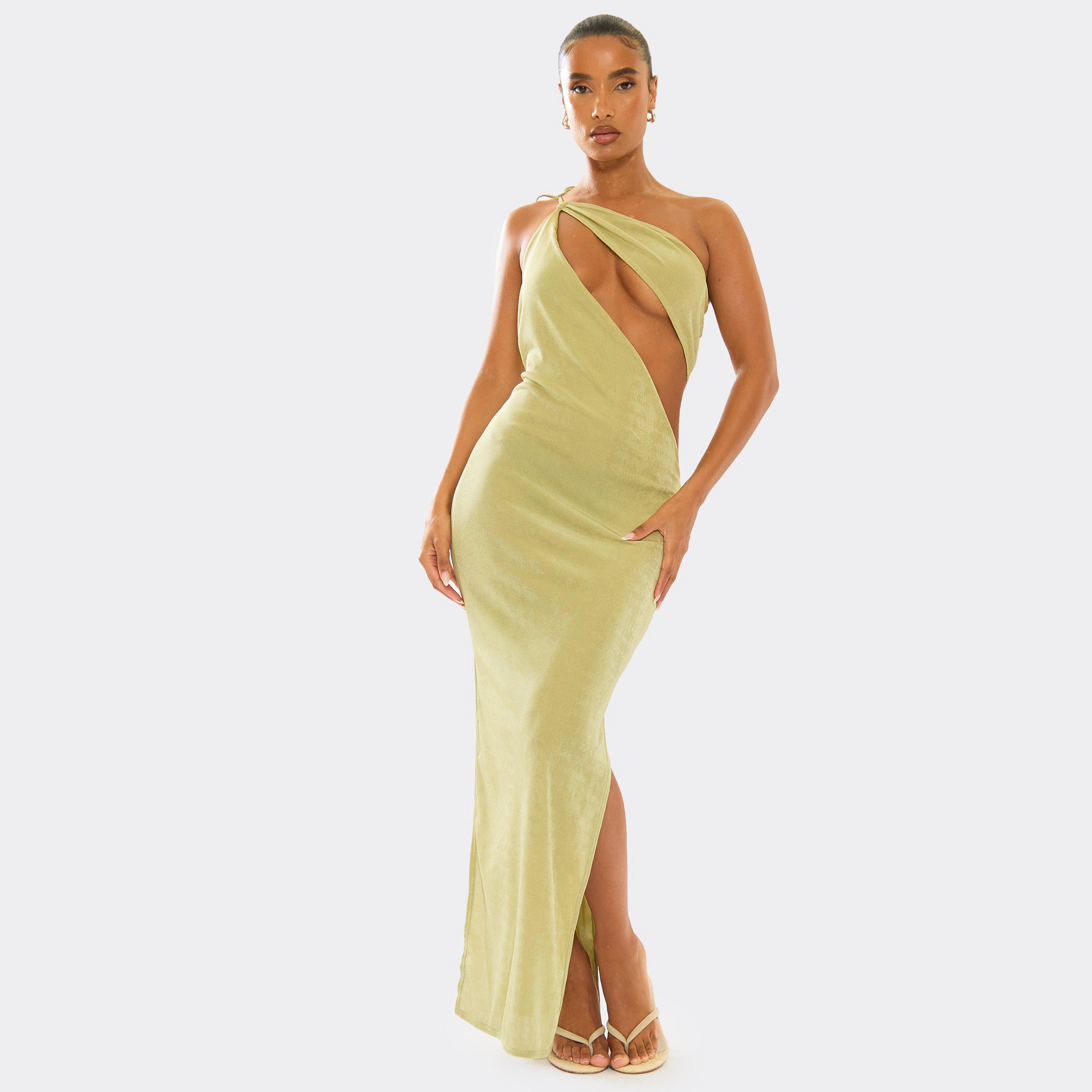 Asymmetric One Shoulder Cut Out Detail Maxi Dress In Green, Women’s