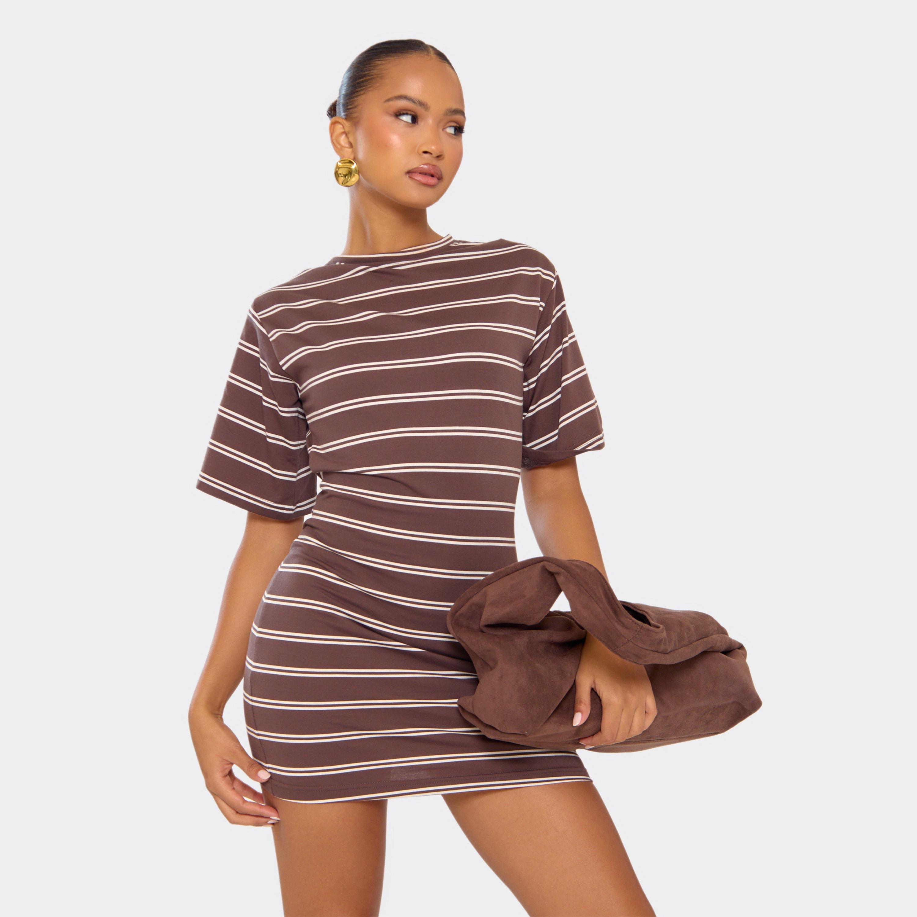 Short Sleeve Shoulder Pad Cinched Waist Detail T-Shirt Dress In Brown Stripe, Women’s