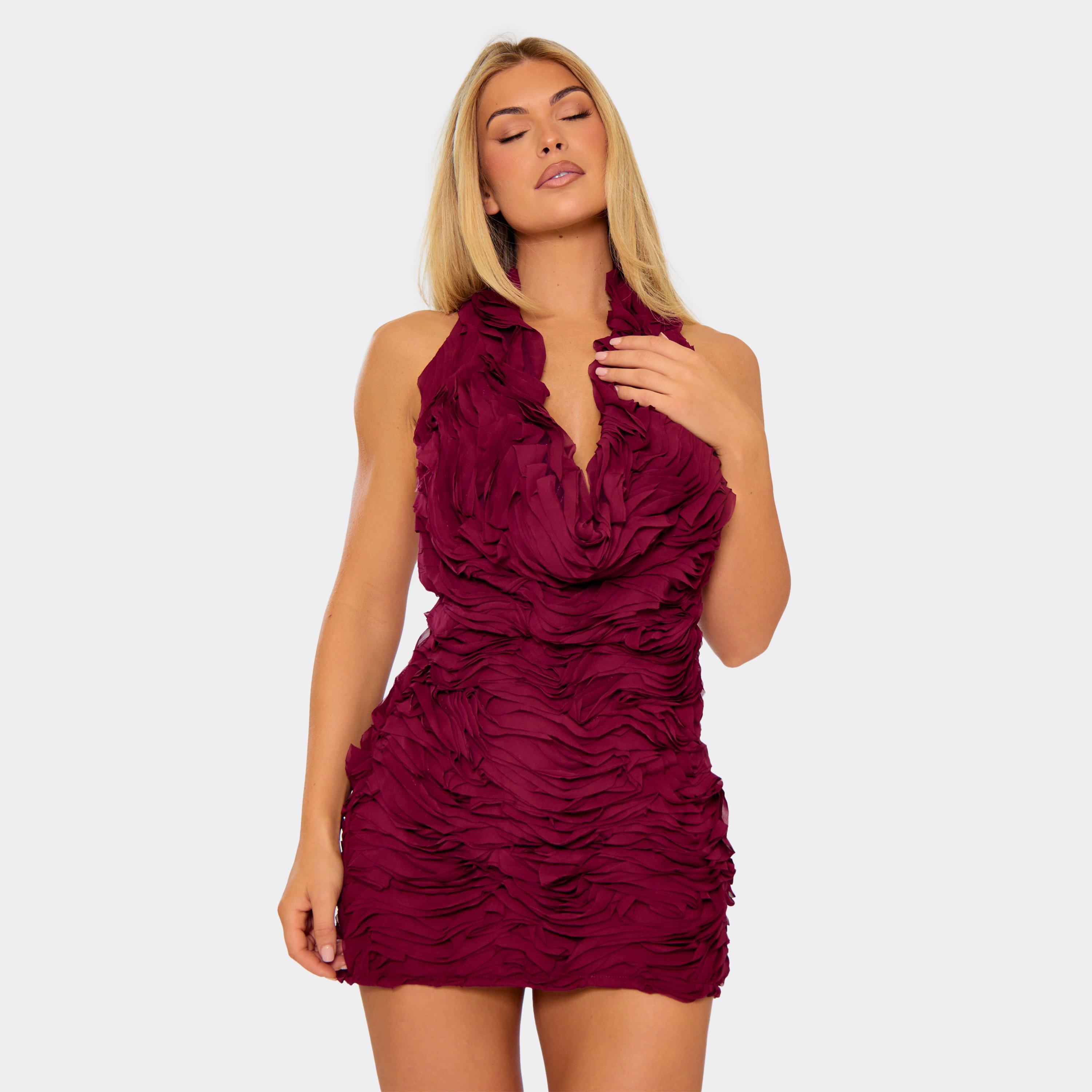 Cowl Neck Open Back Detail Mini Dress In Burgundy Textured, Women’s