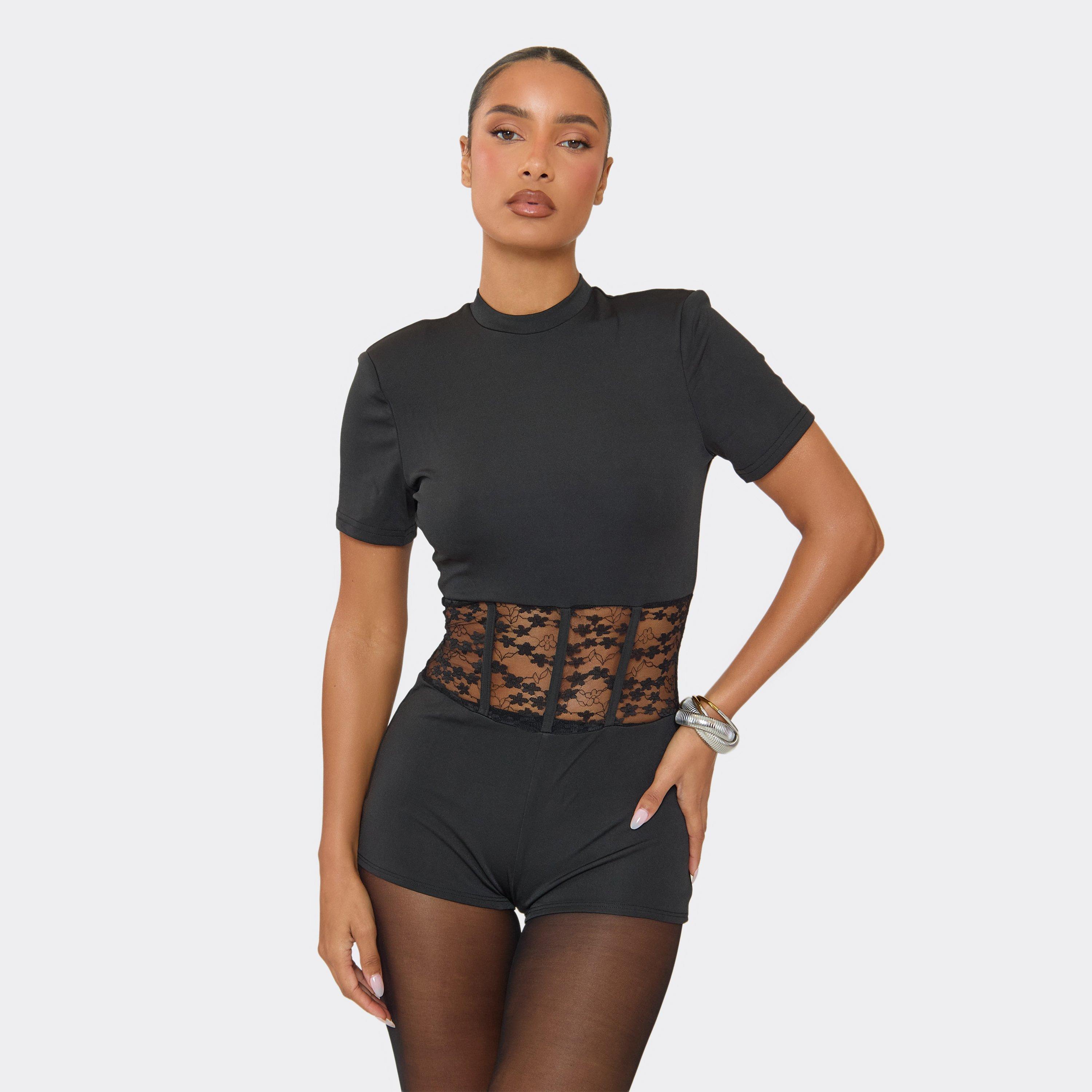 Image of Short Sleeve Contrast Lace Boning Detail Playsuit In Black, Women's
