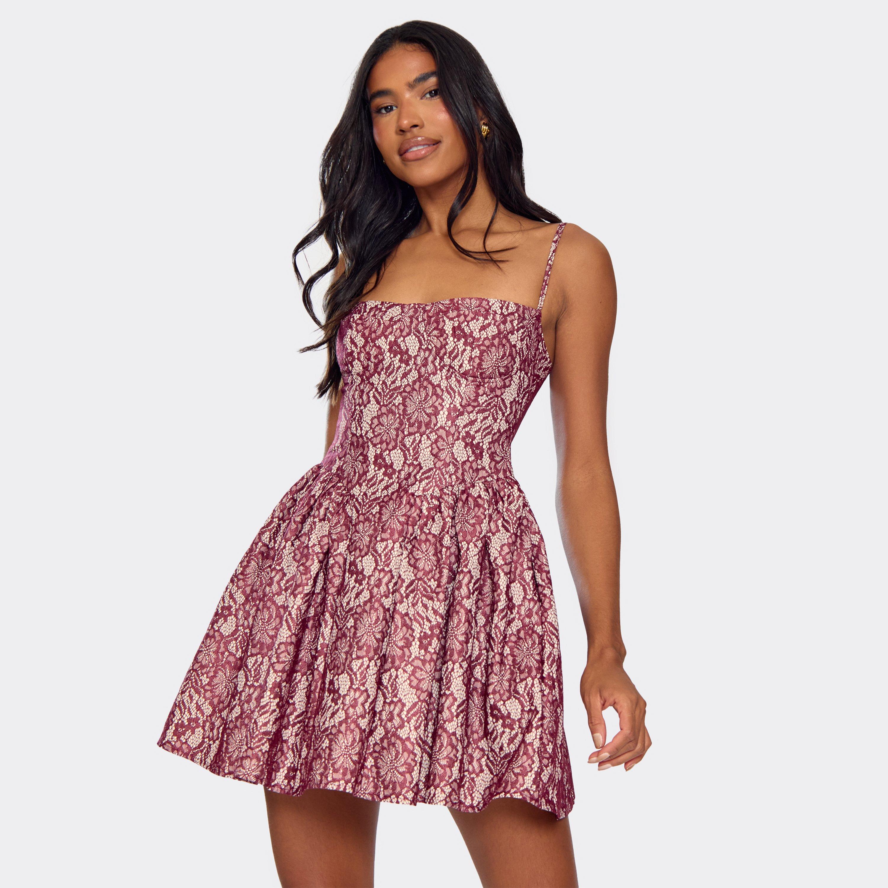 Strappy Tailored Skater Mini Dress In Burgundy Lace, Women’s
