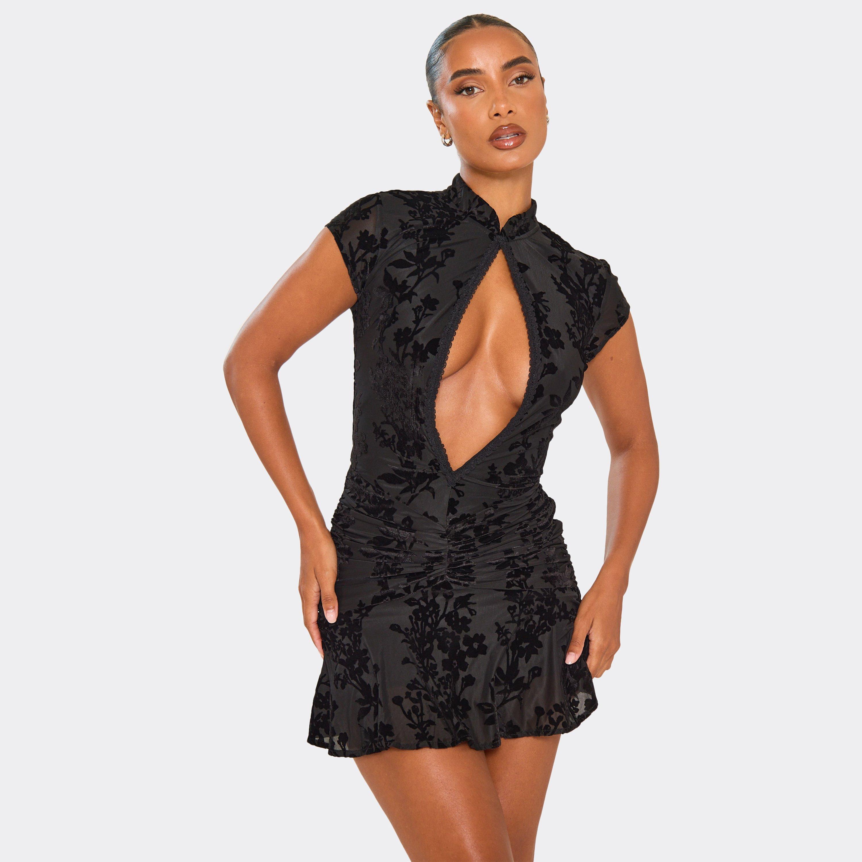 Keyhole Cut Out Ruched Detail Flippy Hem Mini Dress In Black Devore, Women’s