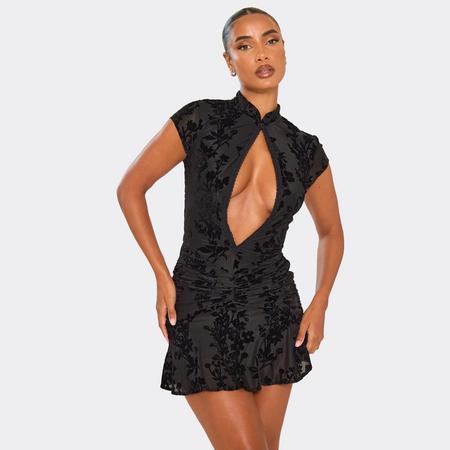 Keyhole Cut Out Ruched Detail Flippy Hem Mini Dress In Black Devore, Women's Size US