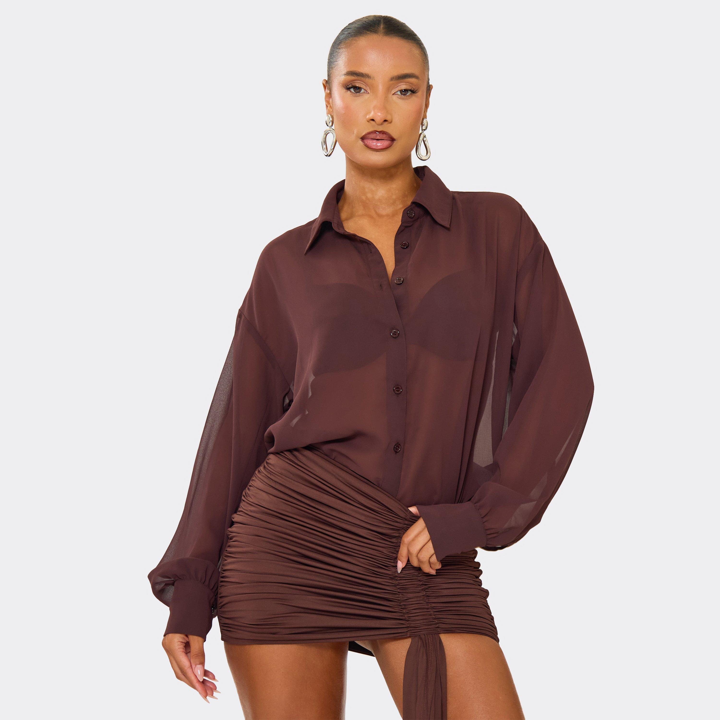 Image of Long Sleeve Oversized Sheer Shirt In Chocolate Brown Chiffon, Women's