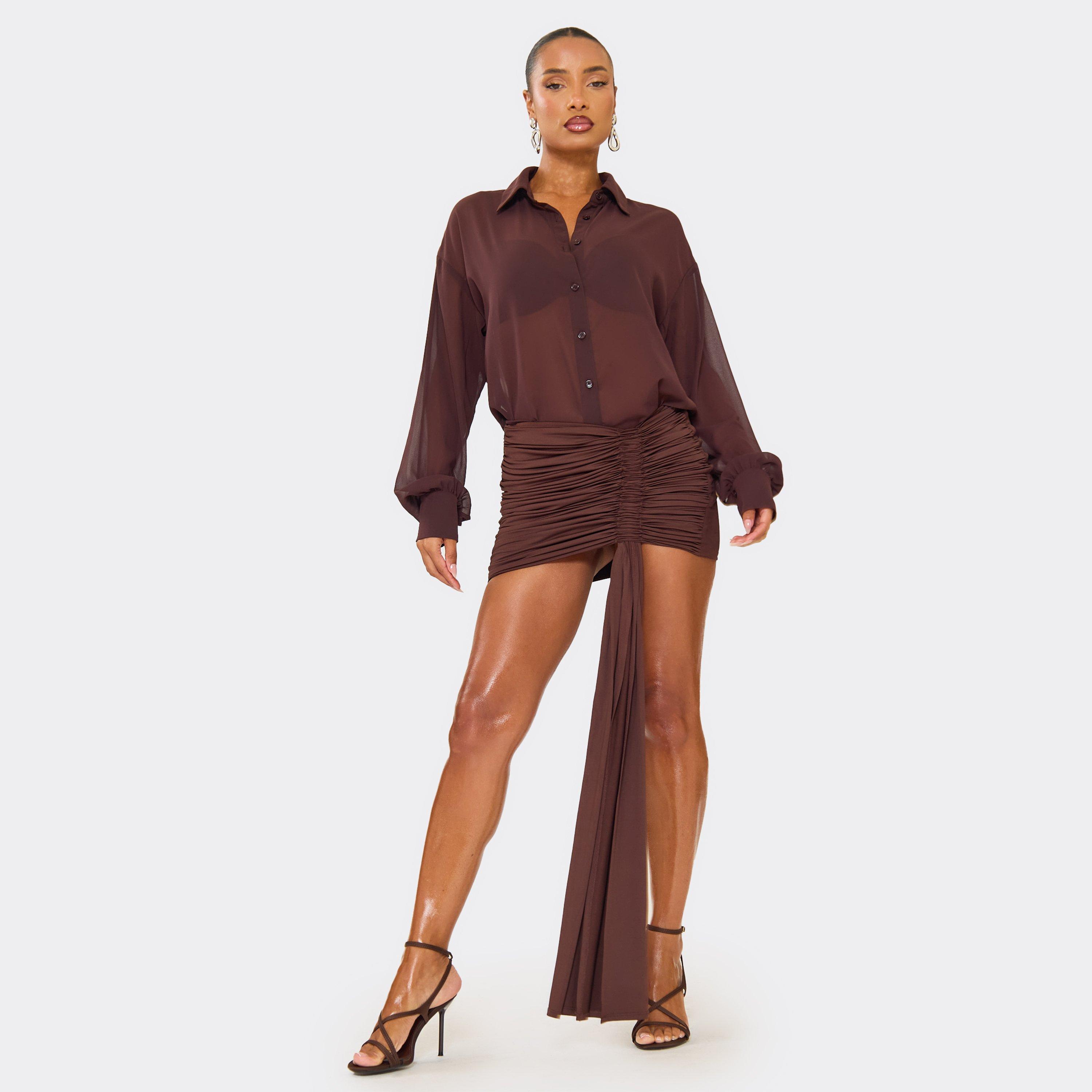 Mid Rise Ruched Drape Detail Mini Skirt In Chocolate Brown Slinky, Women's Size UK 6