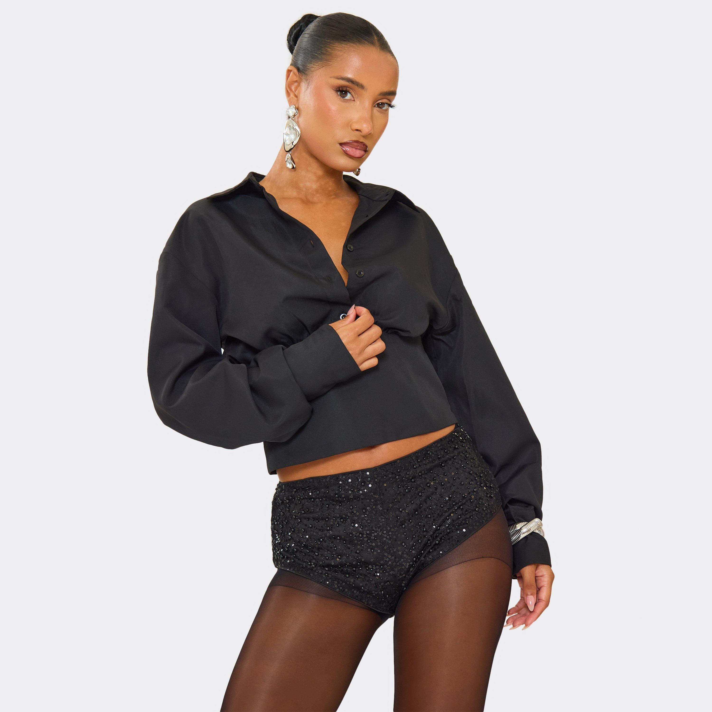 Image of Long Sleeve Cinched Waist Blouson Shirt In Black, Women's