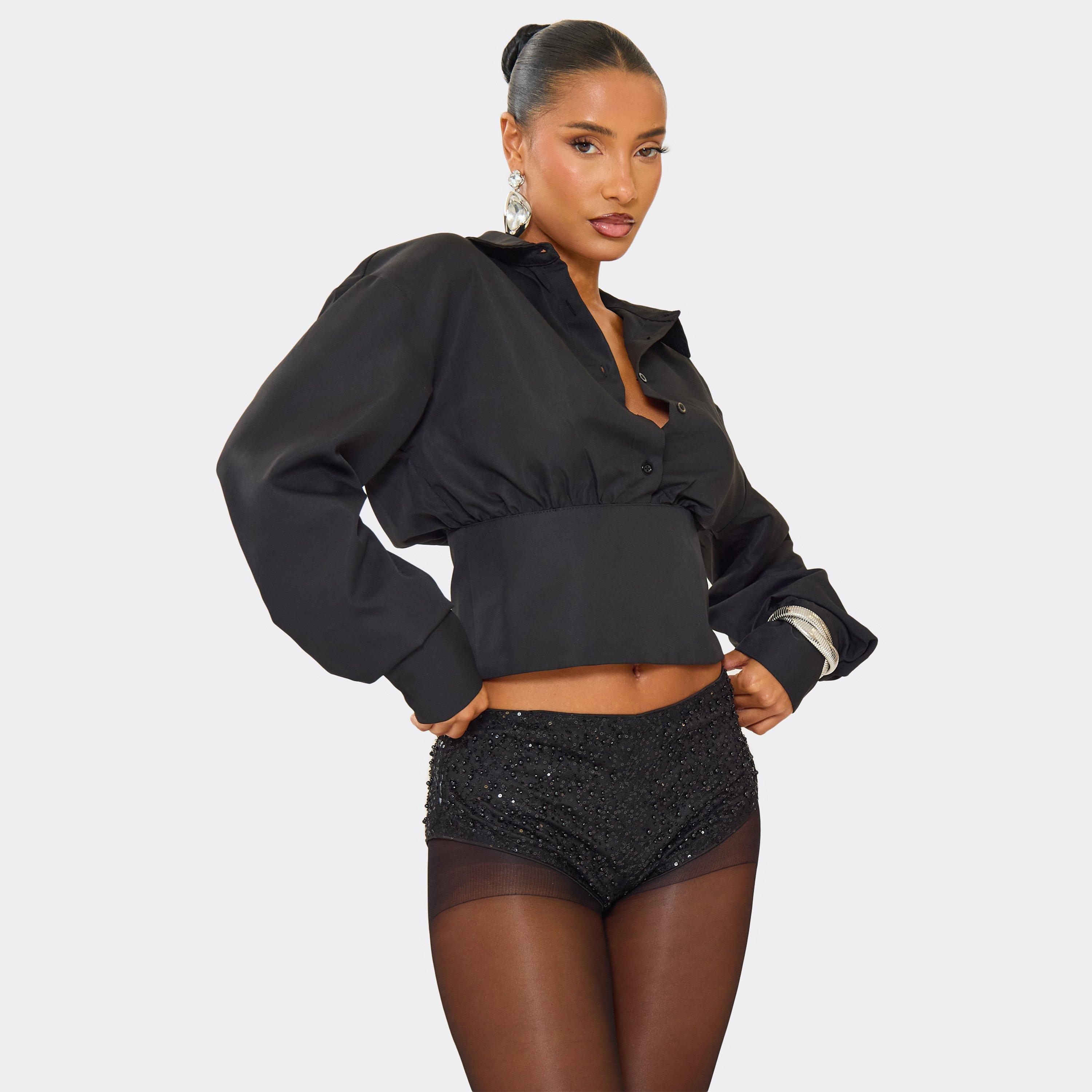 Low Rise Embellished Detail Knicker Shorts In Black Sequin, Women's Size UK 12