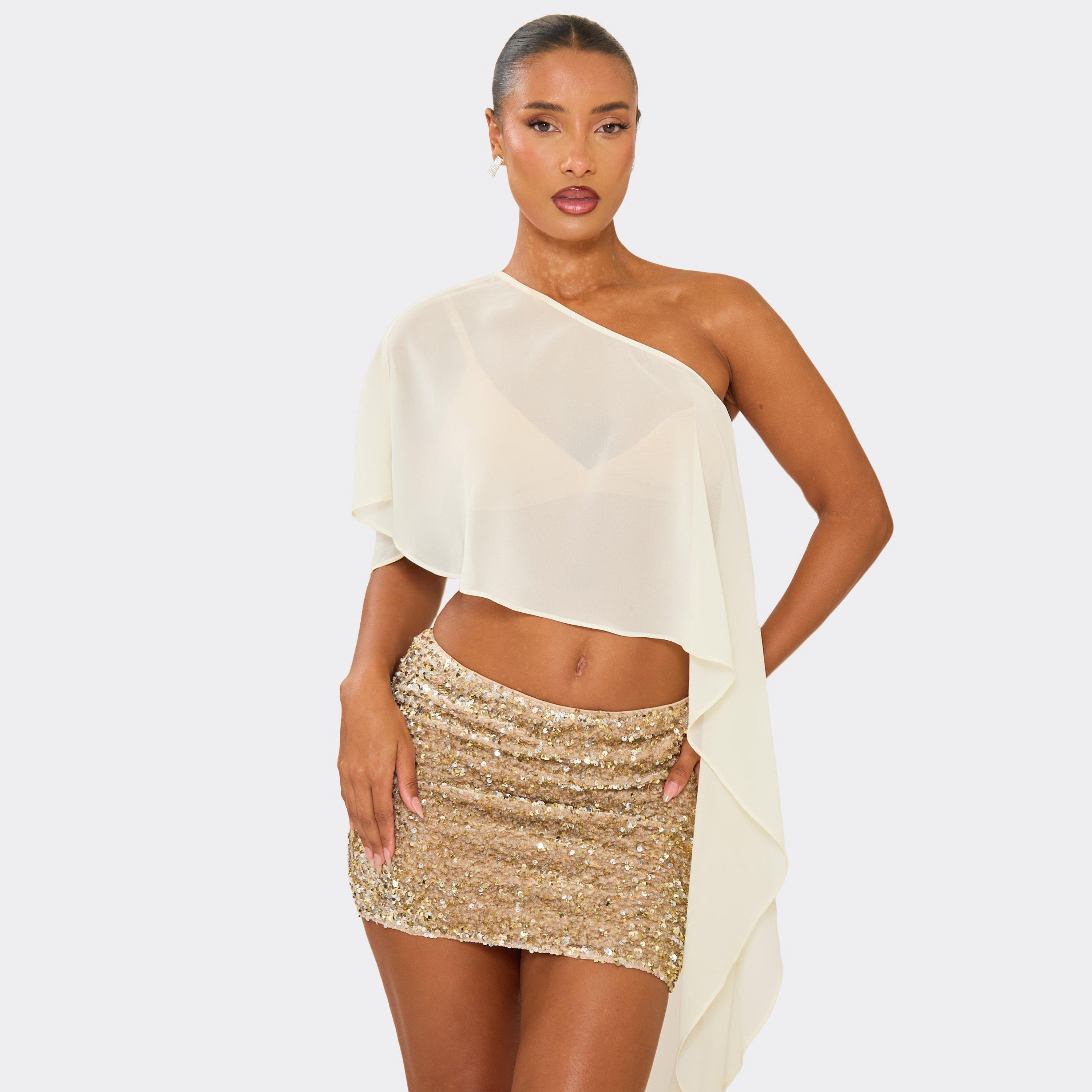 One Shoulder Asymmetric Cropped Cape Top In Cream, Women's Size UK 14