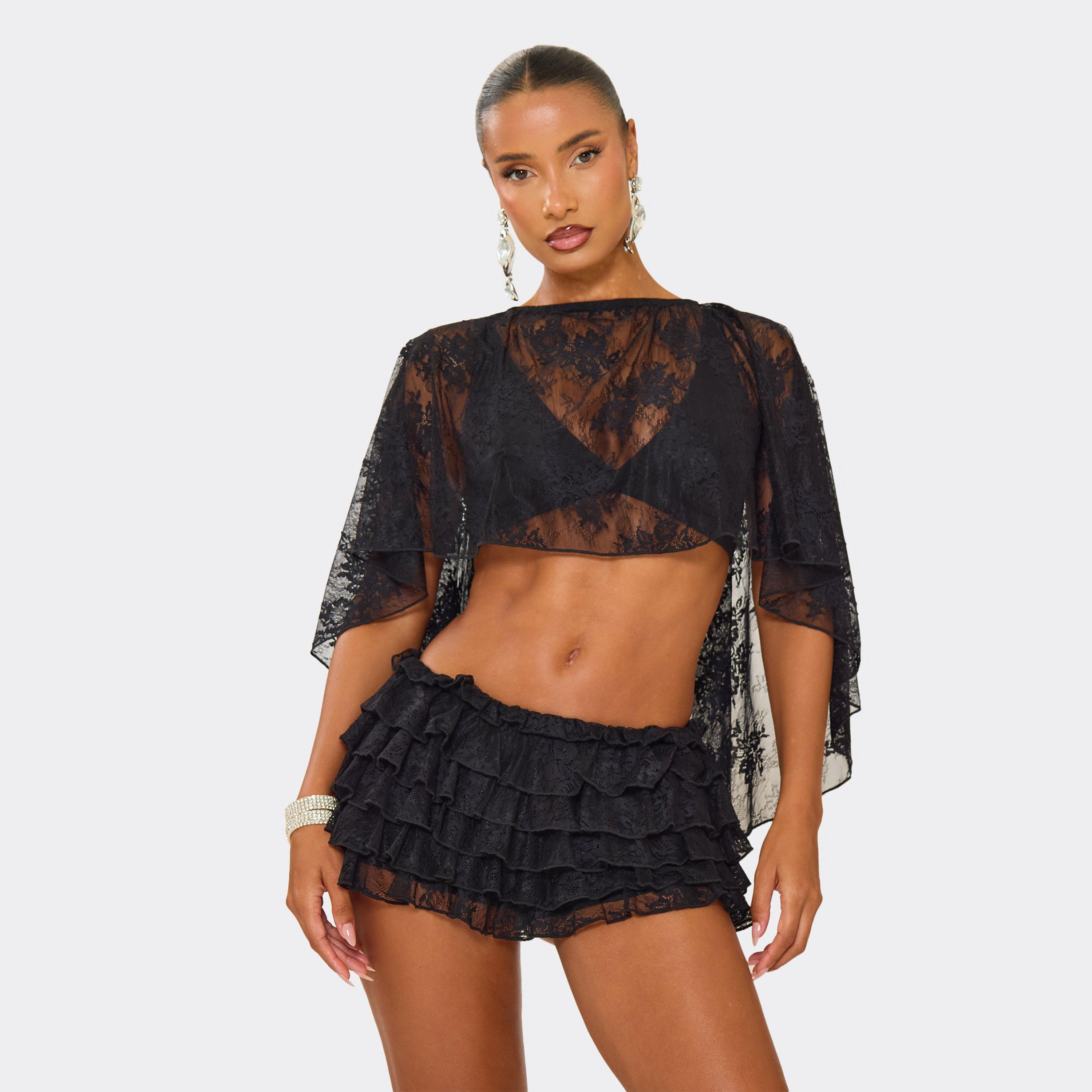 Low Rise Frilly Hot Pant Shorts In Black Lace, Women's Size UK 10