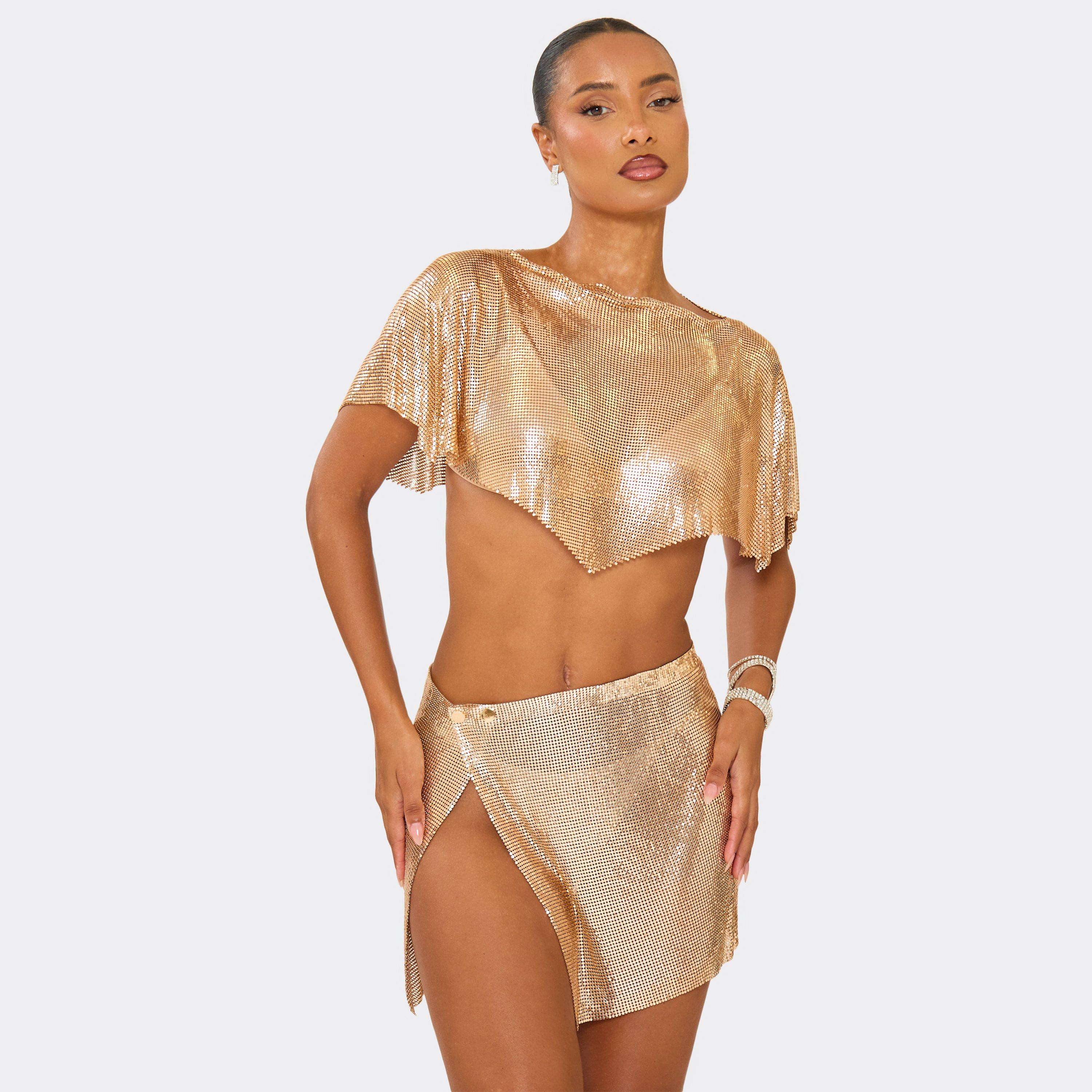 Image of Pointed Hem Cropped Cape Top In Gold Chainmail, Women's Size UK L